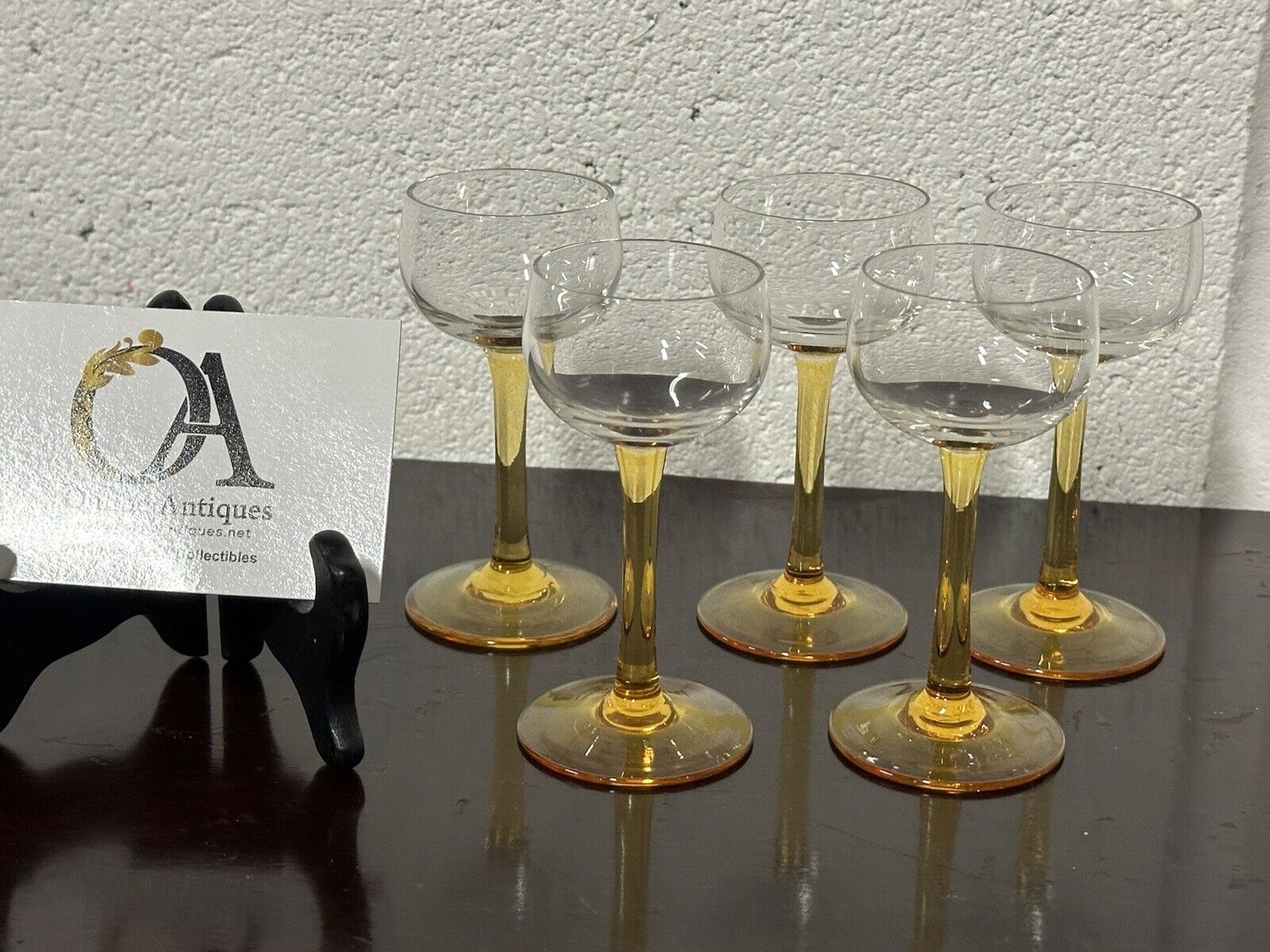 Beautiful Set Of 5 c1930’s Handmade Amber Stemmed Wine Glasses