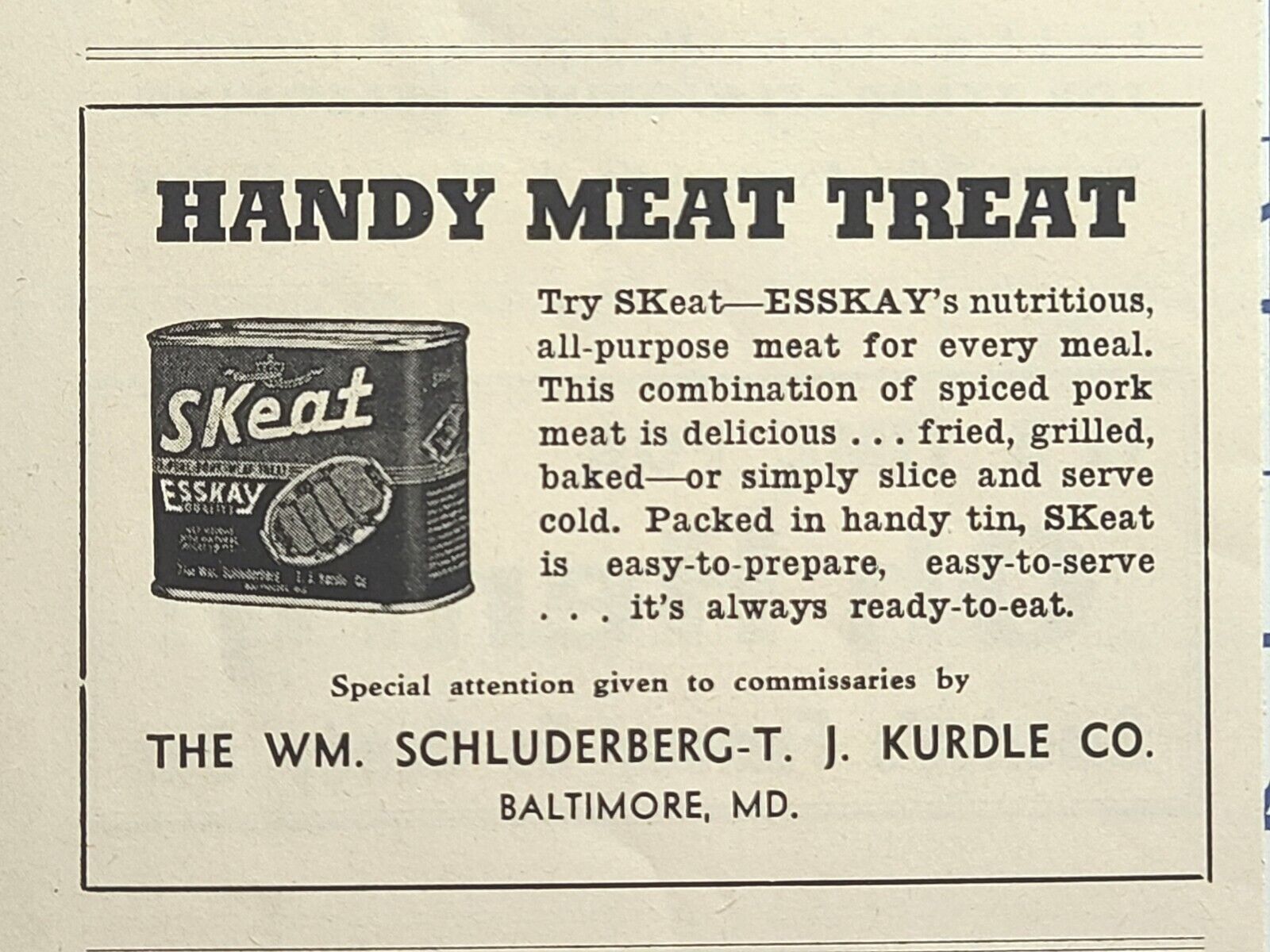 Skeat Handy Meat Treat Esskay Baltimore MD Metal Tin Vintage Print Ad 1944