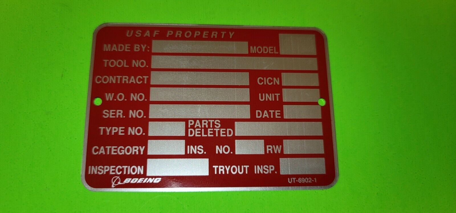 Boeing Aircraft Co UT-6902-1 USAF PROPERTY Tag Metal Plate - 4\
