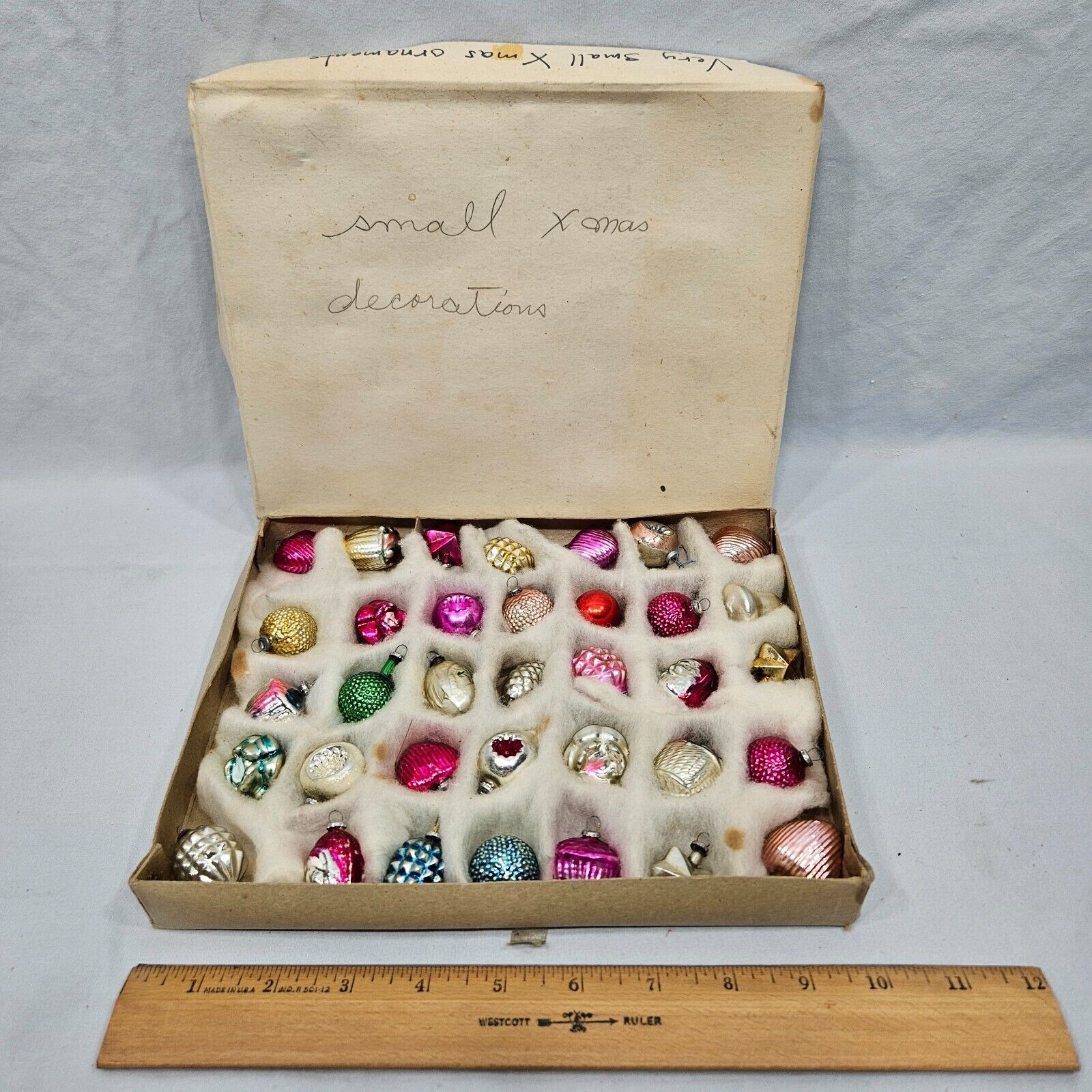 Rare Boxed 35 Vintage German Poland Small Glass Christmas Feather Tree Ornaments
