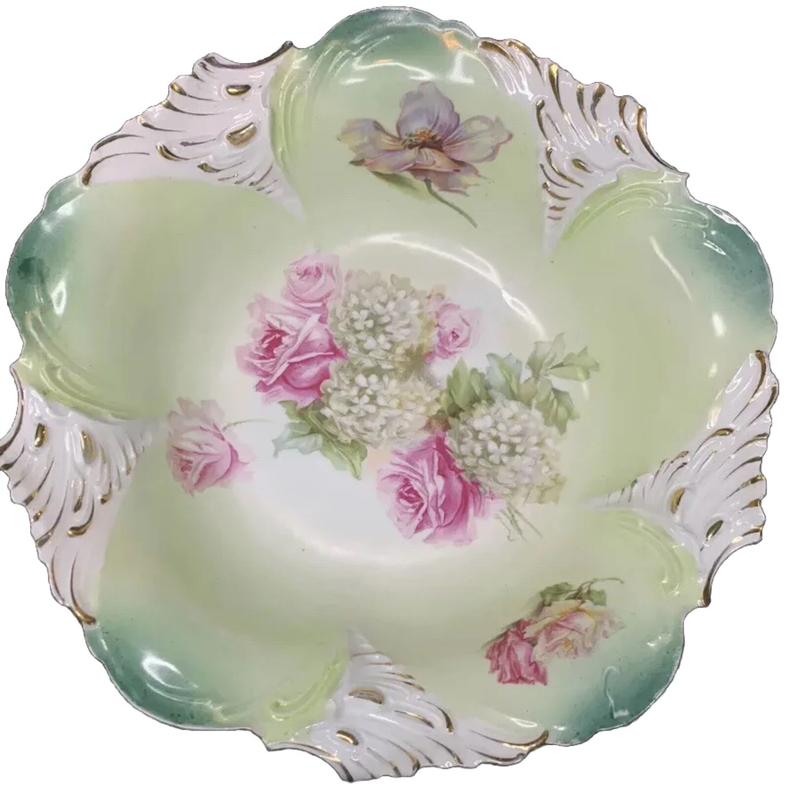 ATQ RS Prussia Decorative Cabinet Bowl Green W/Snowballs And Roses 10\