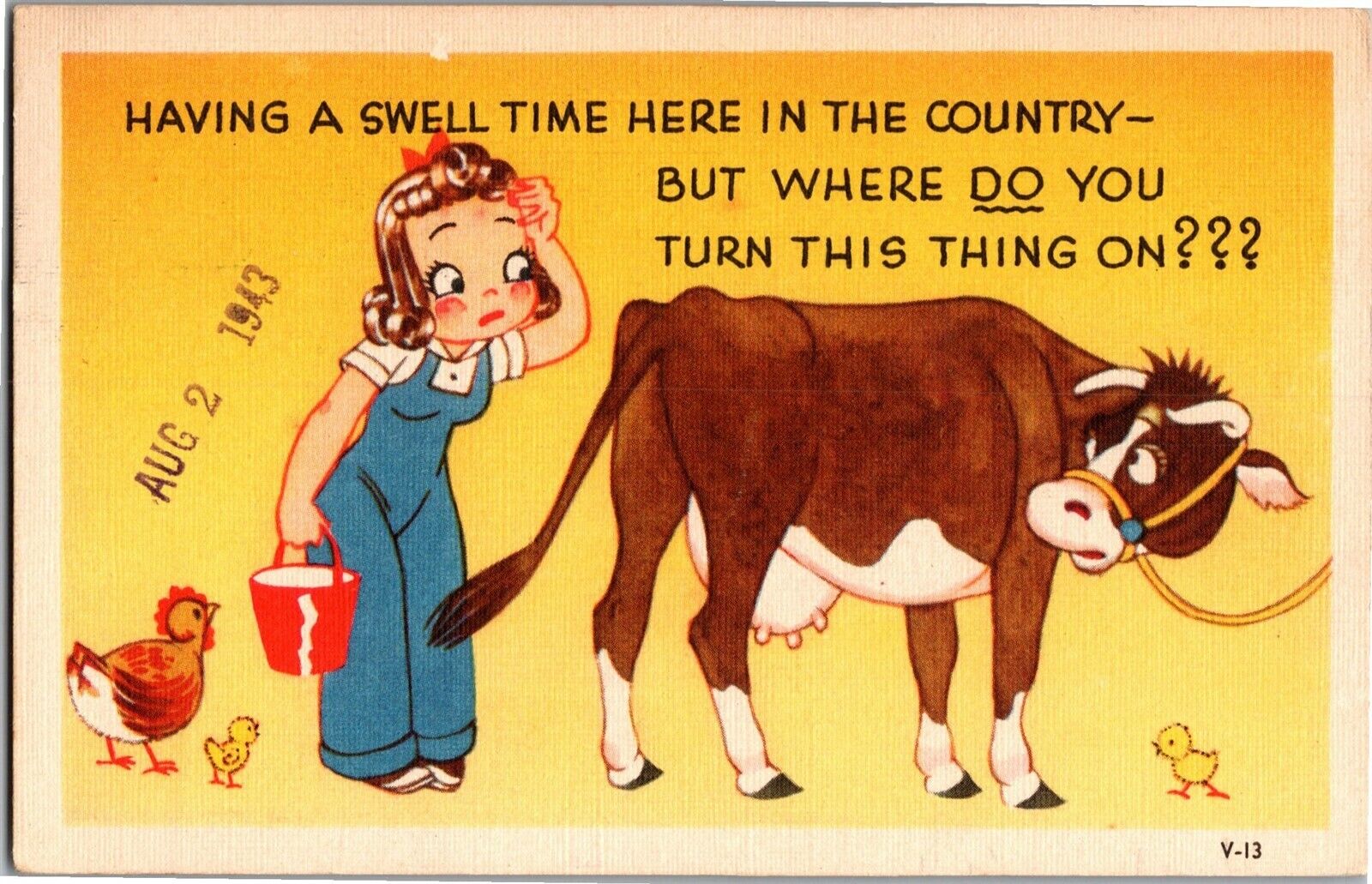 Girl Pail Cow Where Do You Turn This Thing On Milking c1943 Vintage Postcard F38