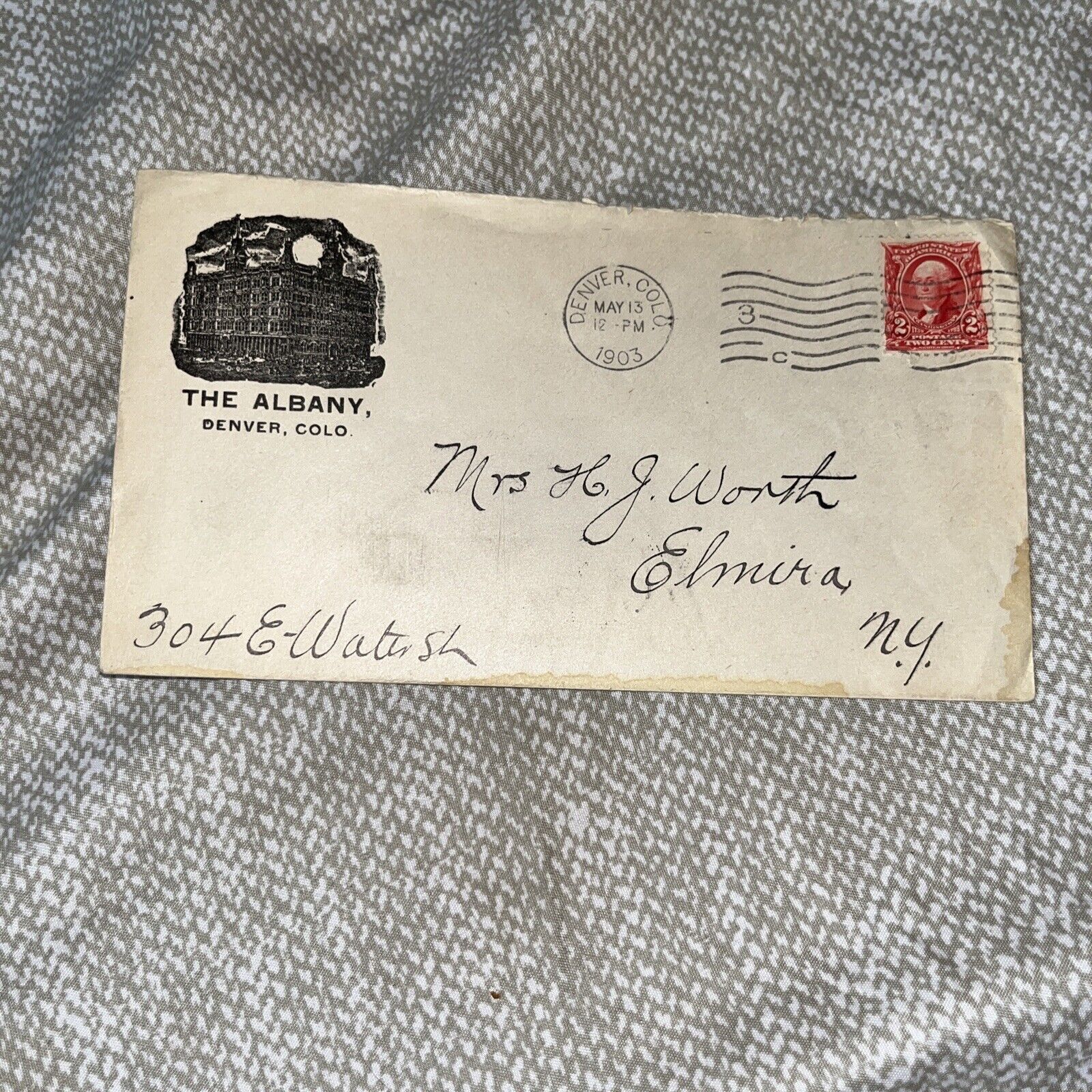 Antique 1903 Envelope - The Albany Hotel Letterhead - Denver CO Colorado History