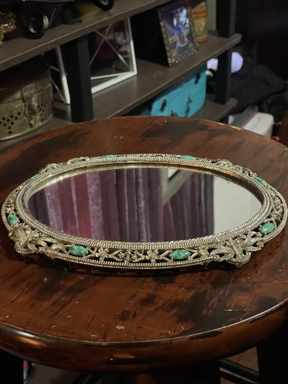 Vintage Jeweled Ornate Vanity Mirror W/ Turquoise Oval Tray