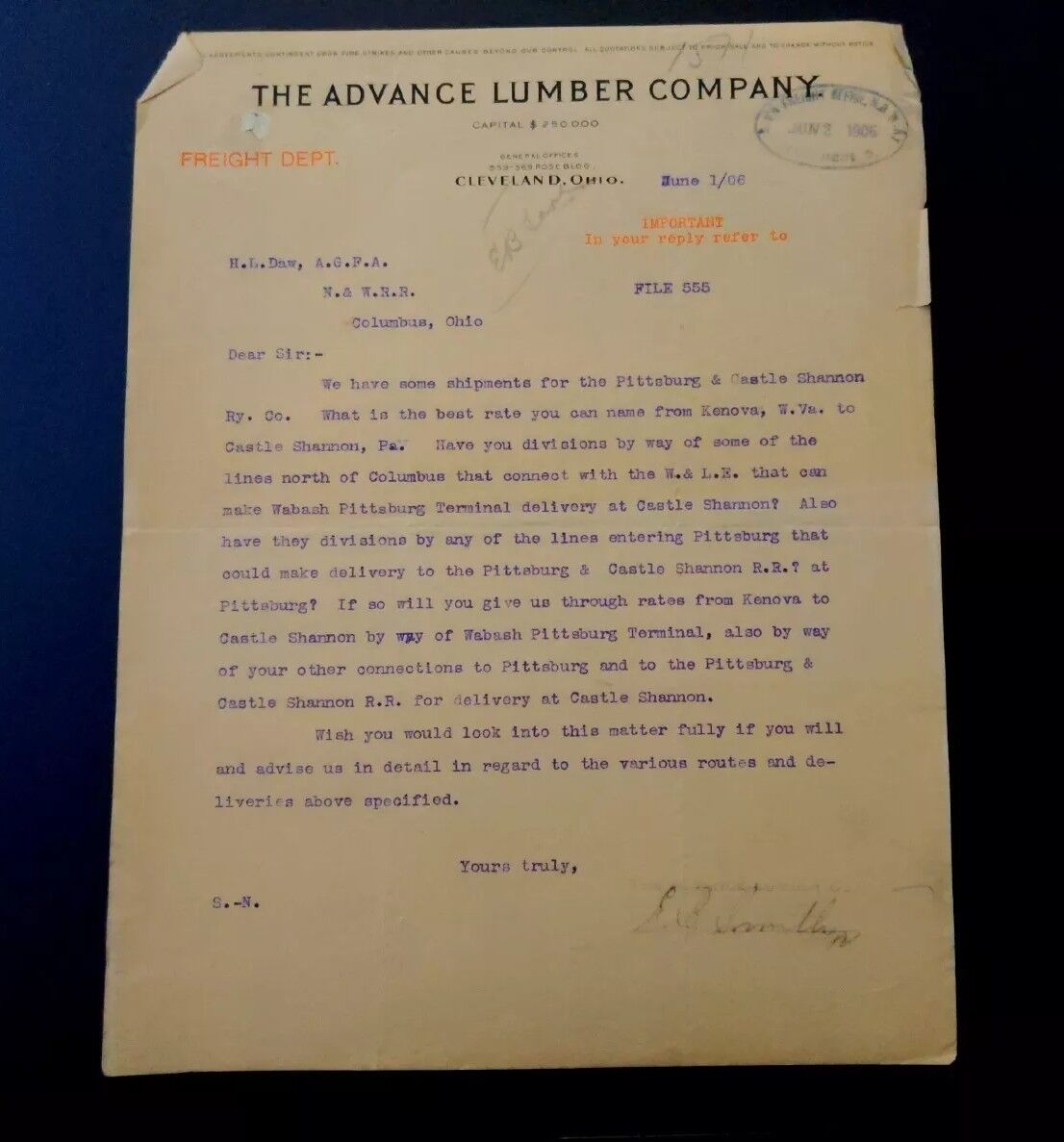 1906 Letterhead Cleveland Ohio OH The Advance Lumber Company Freight Dept