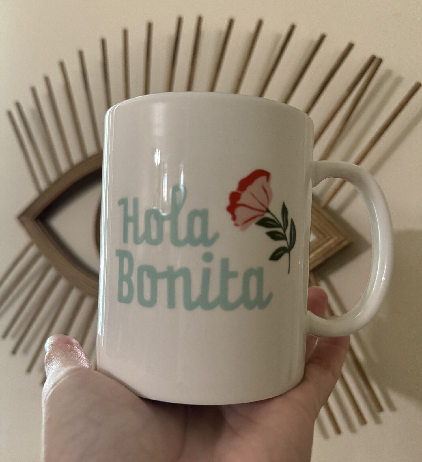 NWT HOLA BONITA Spanish Coffee Mug Tea Cup Ceramic White Mint Room Essentials