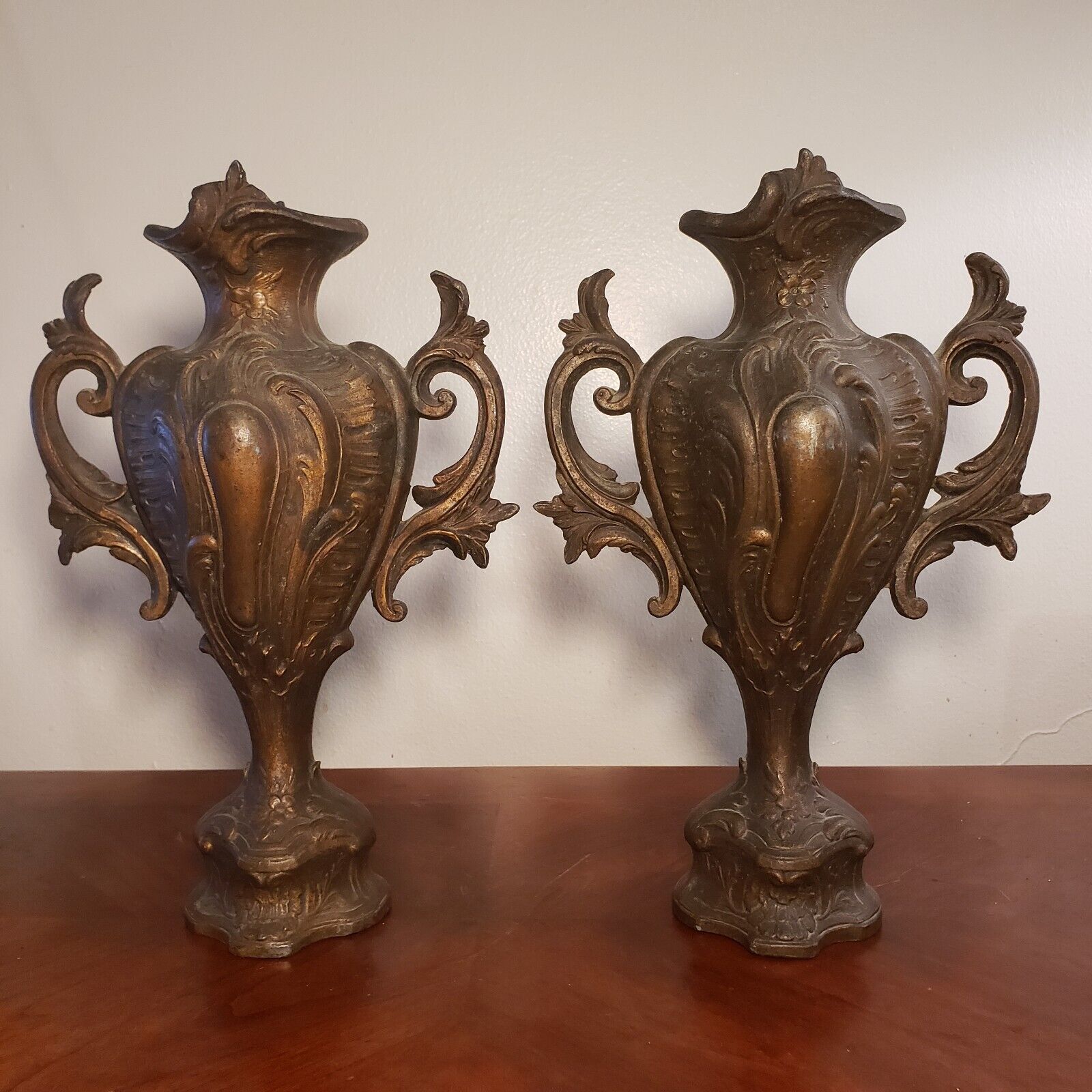 Two Antique Victorian French Art Nouveau Spelter Cassolette Vases/Garniture Urns