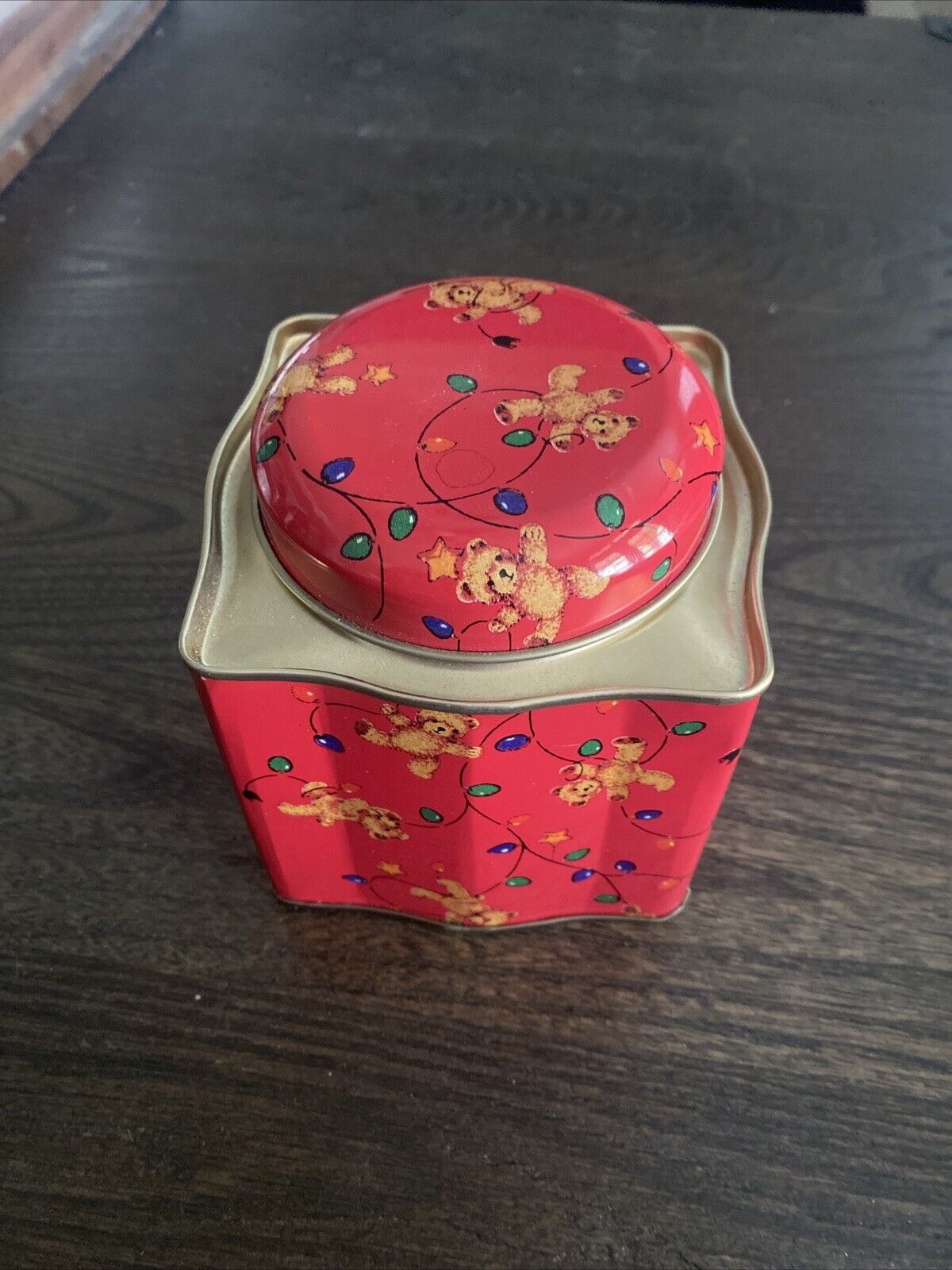 Cute Vintage Teddy Bear Print Container Tin Empty Box Made in Hong Kong