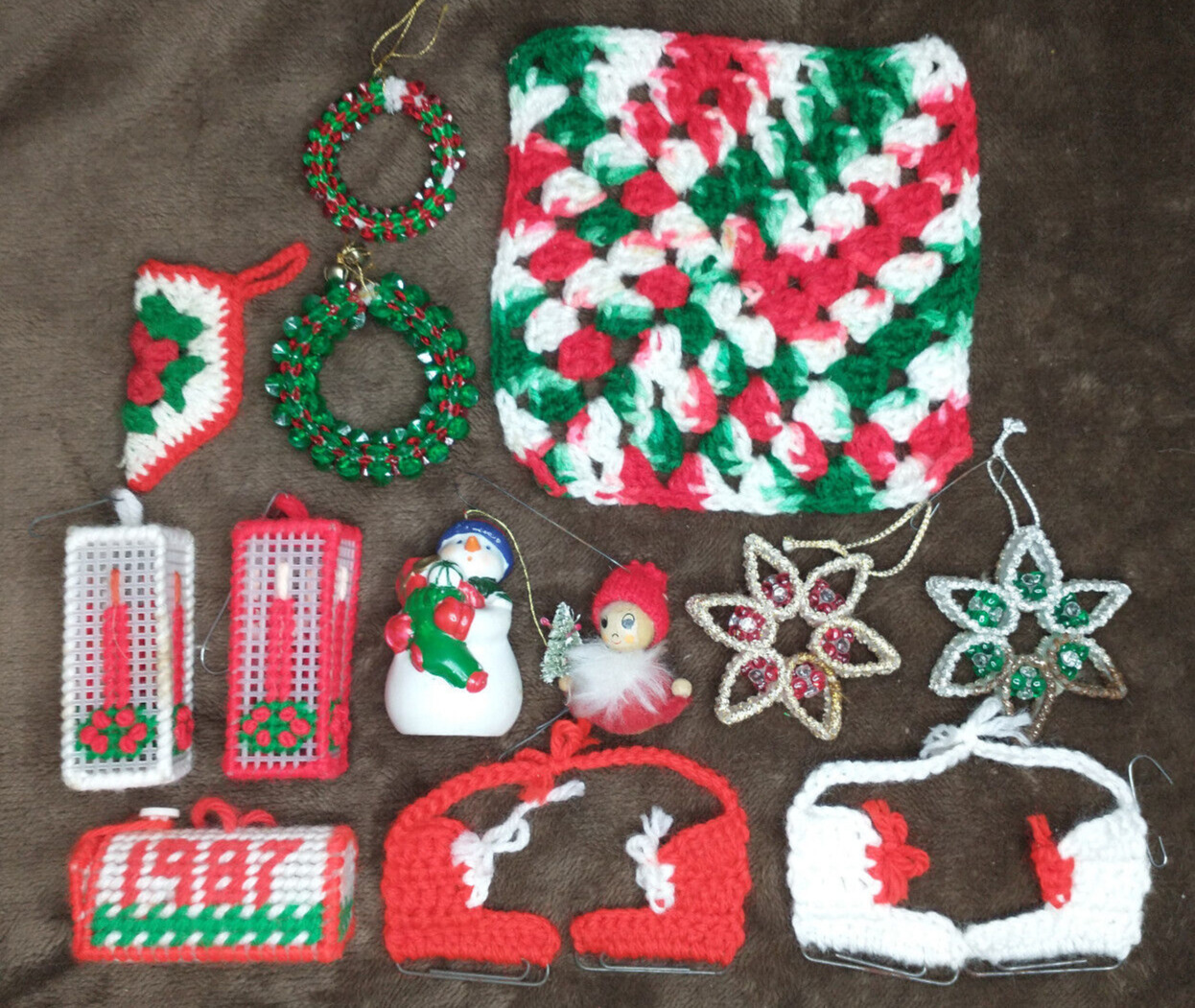 Vintage Lot of Christmas Ornaments Crochet Needlepoint Handmade Skates, Candles
