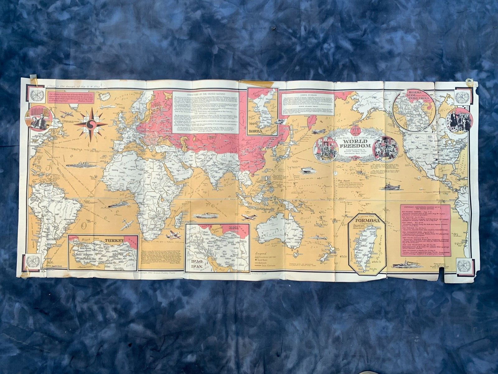 Vintage 1950 Pictorial Map World Freedom Ernest Chase Commemorate United Nations