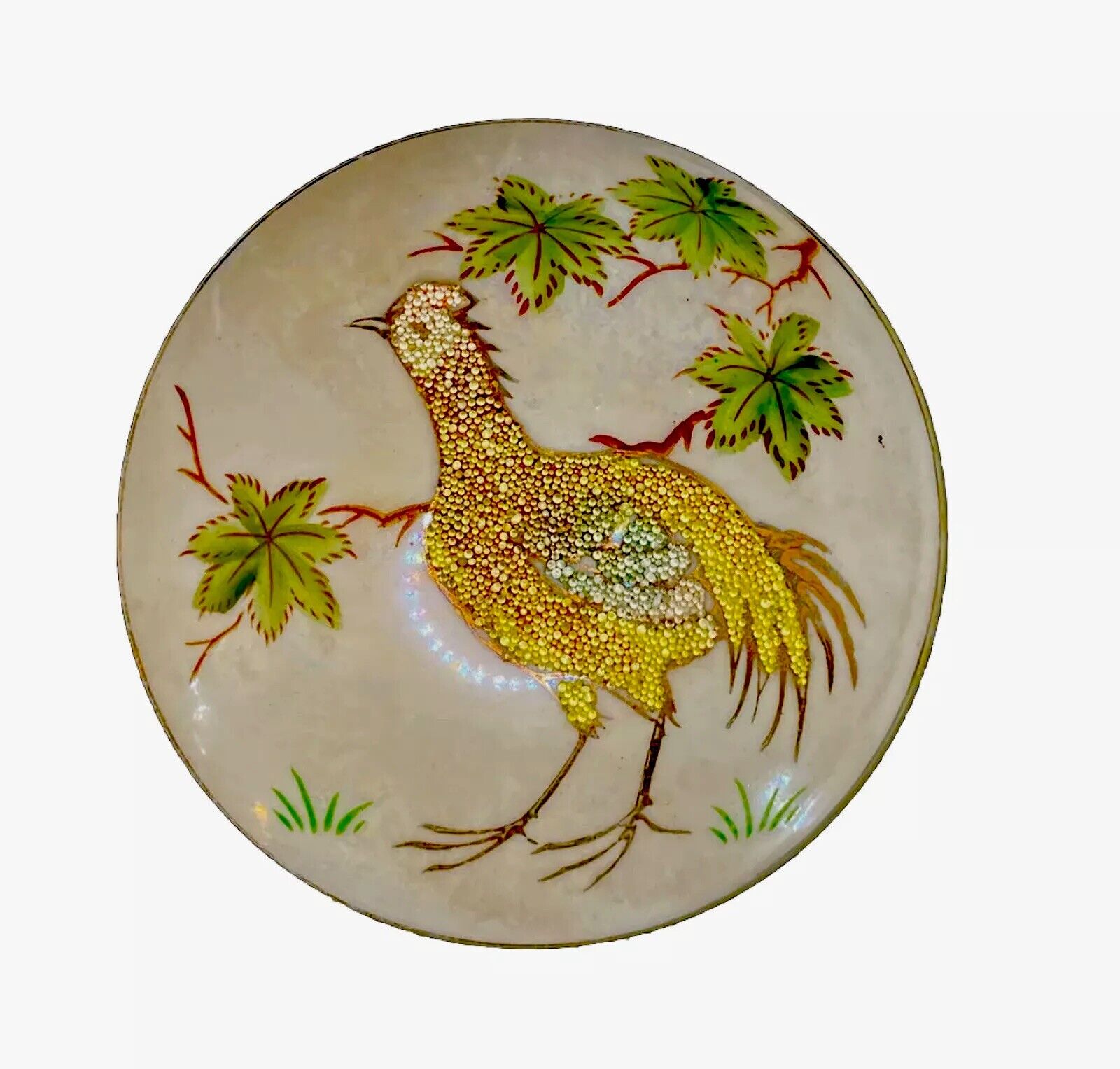 Antique Trinket Dish Coralene Bird Hand Painted Glass Bead Relief Detail 1920