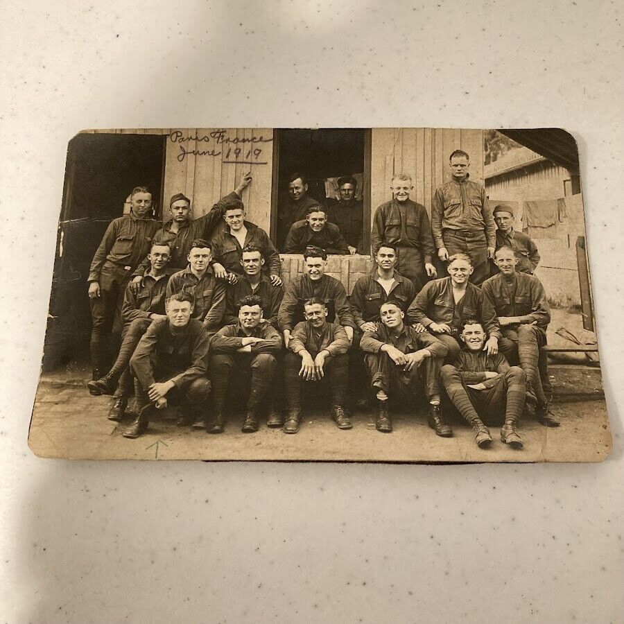 WWI Era Uniformed Men in France June 1919  Antique original photo. World War One