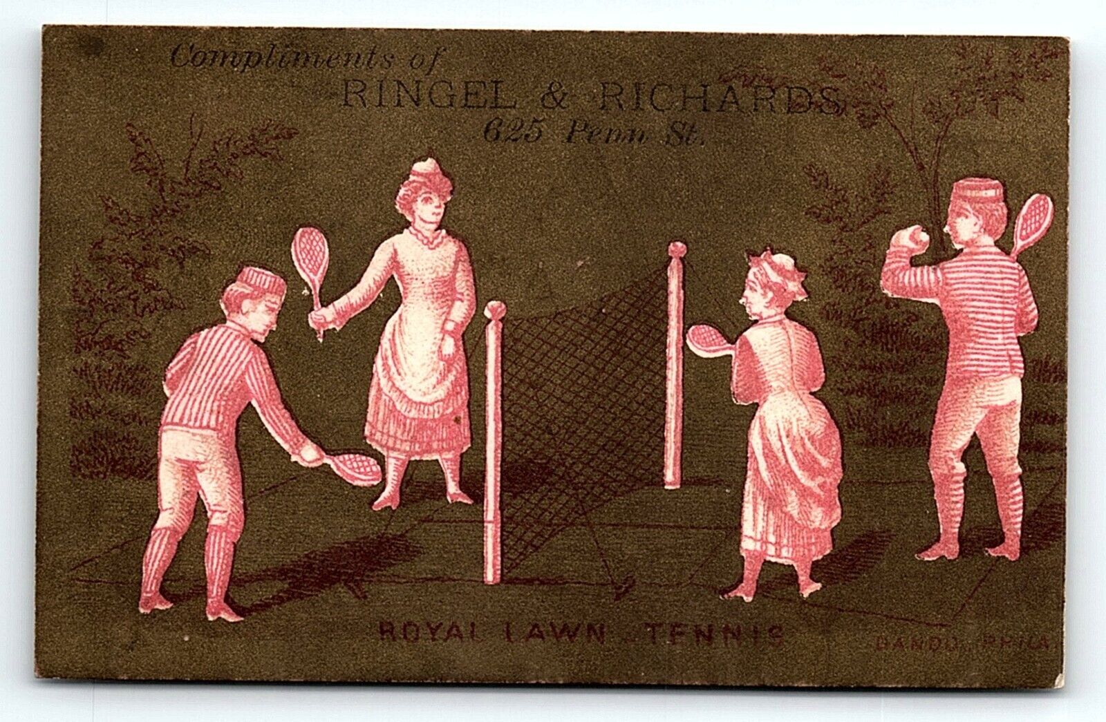 c1880 READING PA LAWN TENNIS RINGEL & RICHARDS BOOKS STATIONERY TRADE CARD P1909