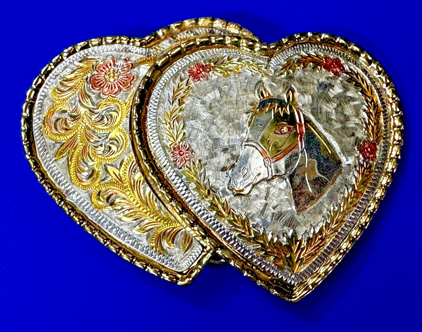 Horse Head In Double Dual Hearts Vintage Mixed Metal Western Belt Buckle - W Usa