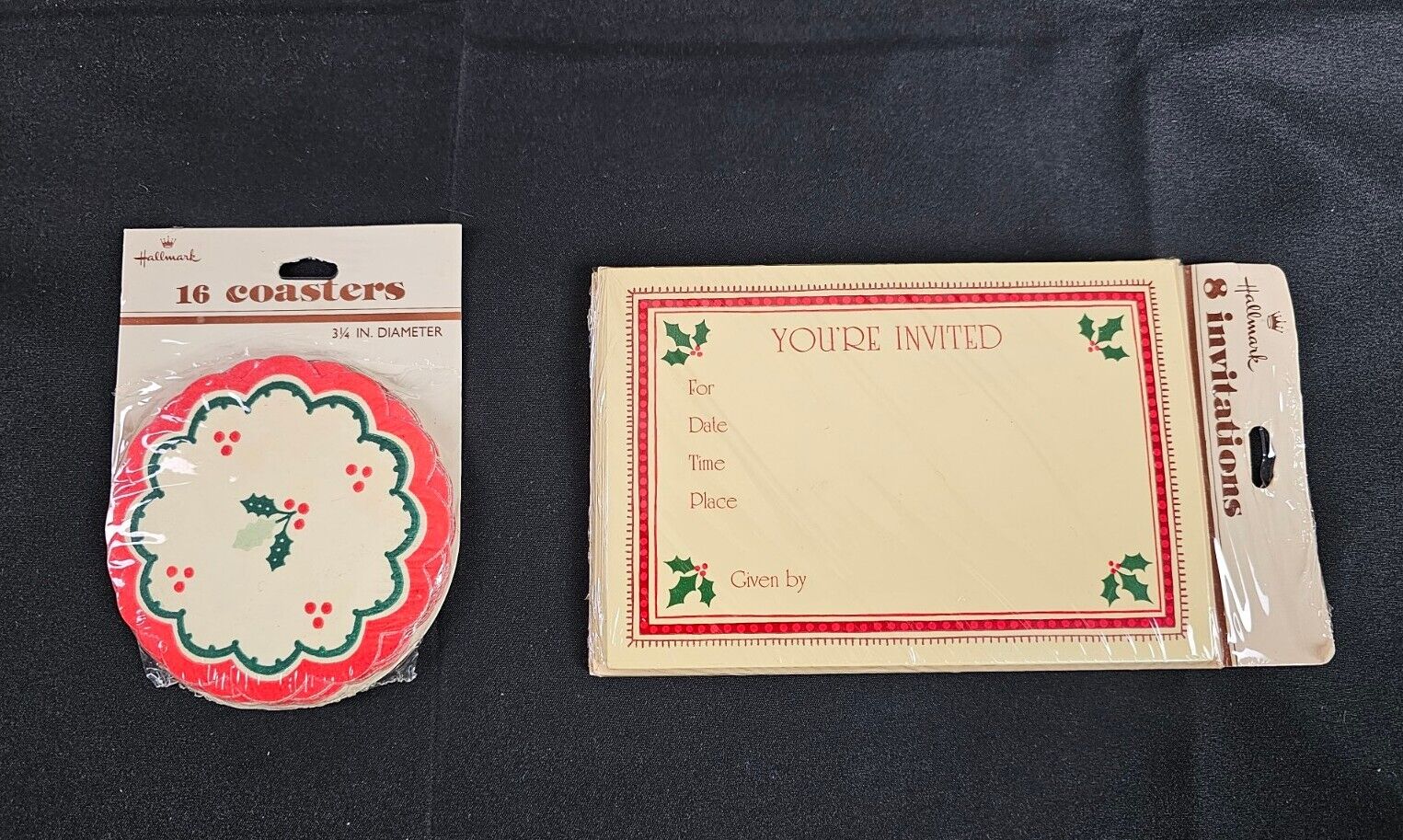 VTG Hallmark 8 Holly Berry Christmas Invitations & 16 Paper Coasters New Sealed