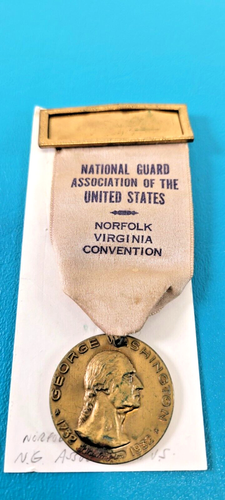 Pre WWII National Guard Norfolk VA Geo Washington Medal Ribbon Pin c. 1932