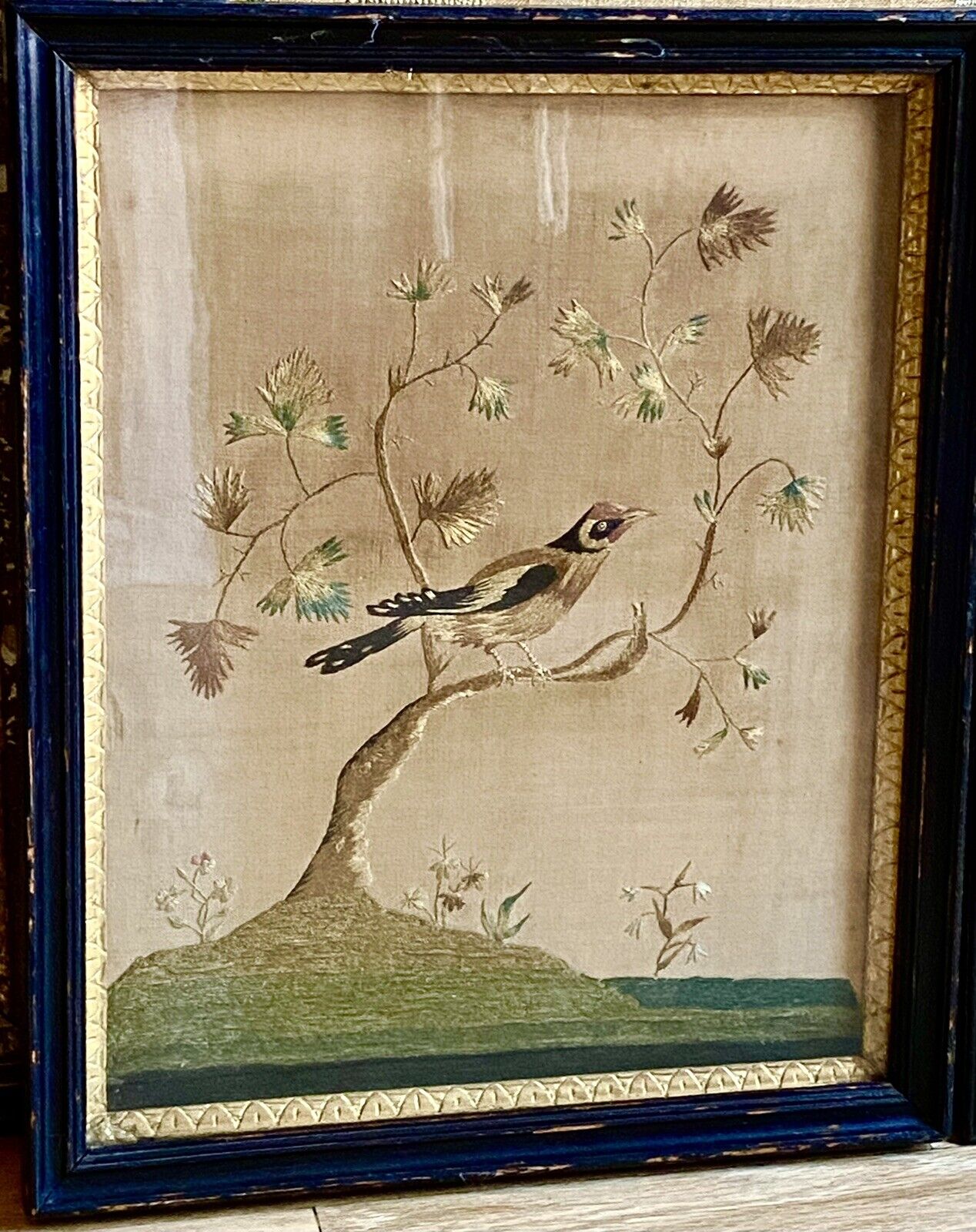 Antique 18th C Needlework Embroidery Sampler Bird Pheasant Original Frame