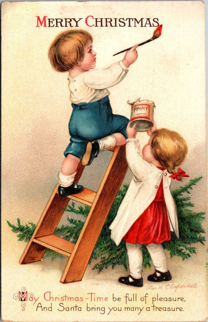 Vtg Christmas Postcard International Art 1913 Boy & Girl Painting on Step Ladder