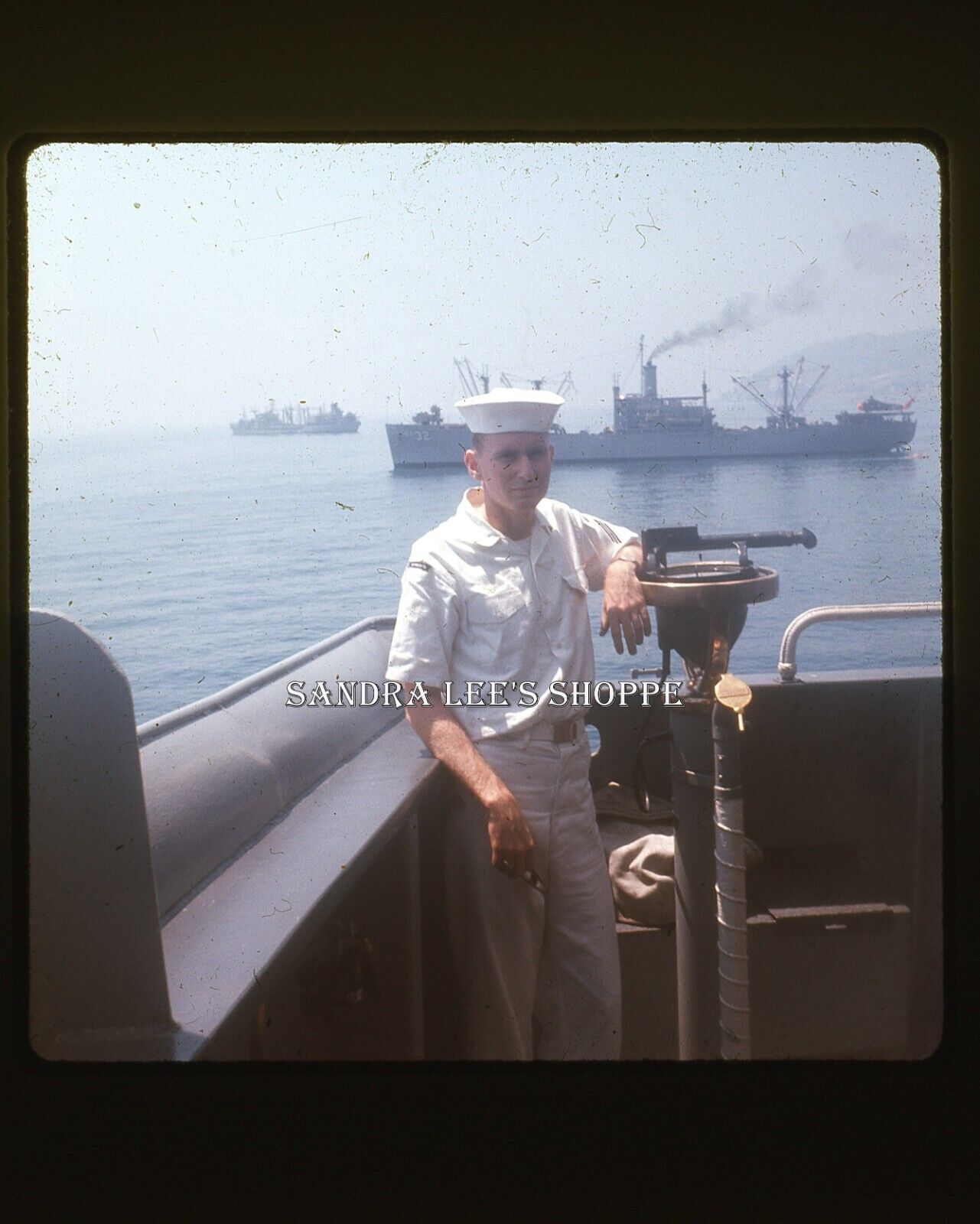 1964 Square Slide Sailor On Ship USS Navy Ships In Background #3163