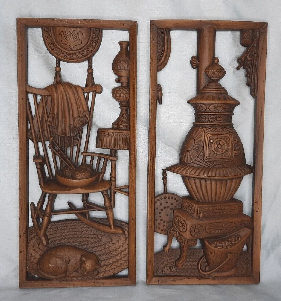 Vintage Set Of 1960’s Burwood Products Wall Hangings Rocking Chair Cat Stove