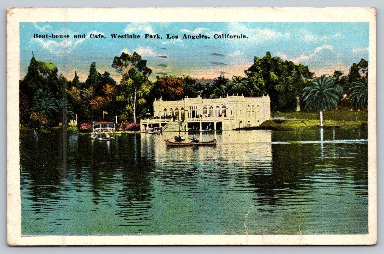 DB Postcard CA D520 Boathouse Cafe Westlake Park Los Angeles Canoe 1923 Cancel