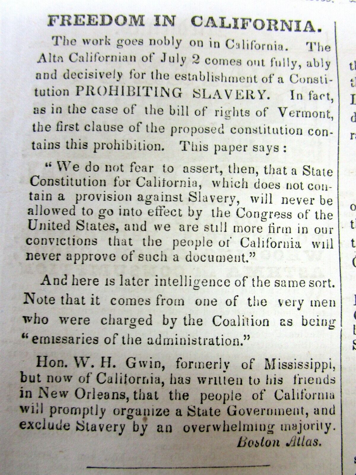 1849 newspaper SLAVERY PROHIBITED in Gold Rush era CALIFORNIA by CA Constitution