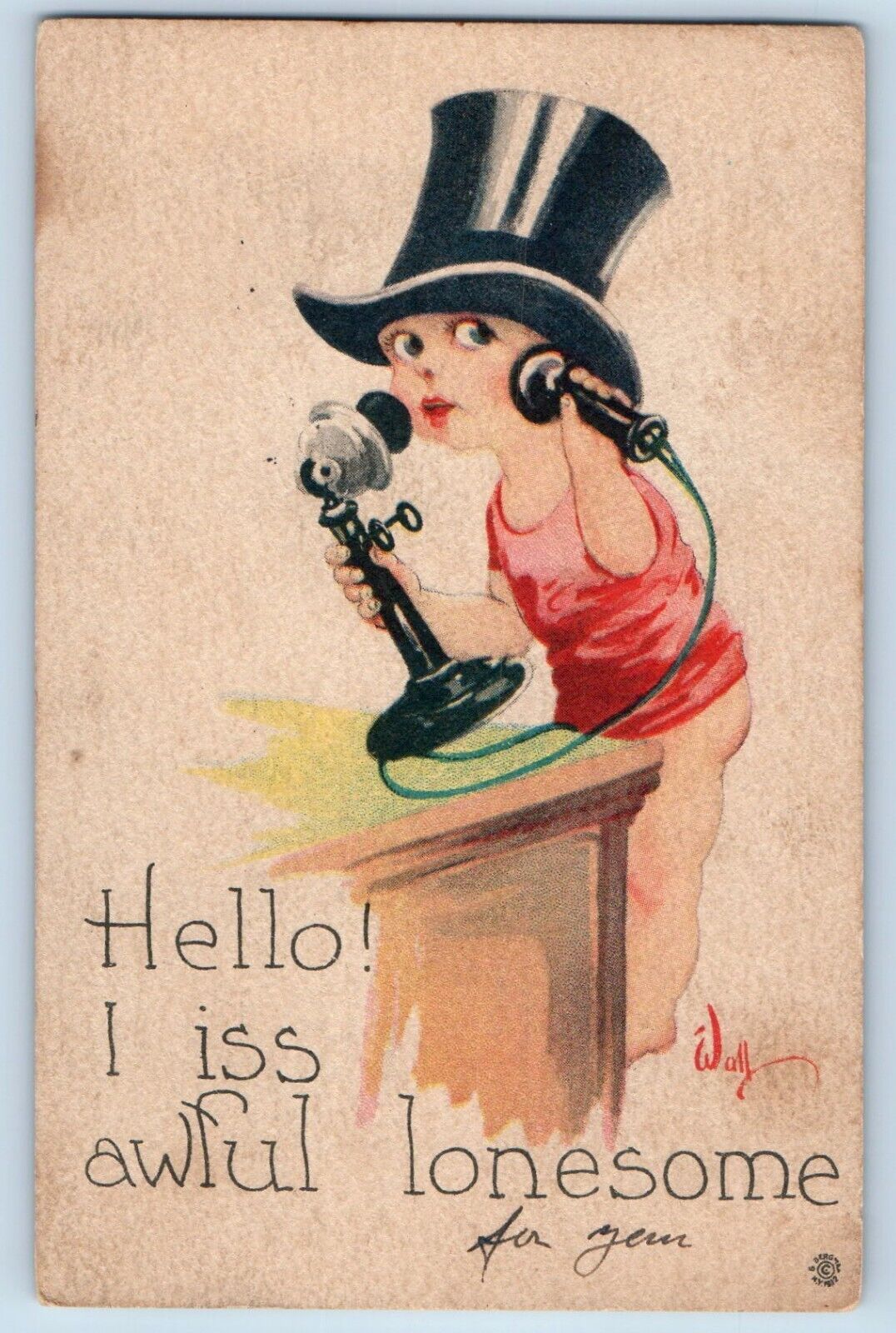 Wall Signed Artist Postcard Little Girl With Top Hat Telephone Sheboygan WI 1915
