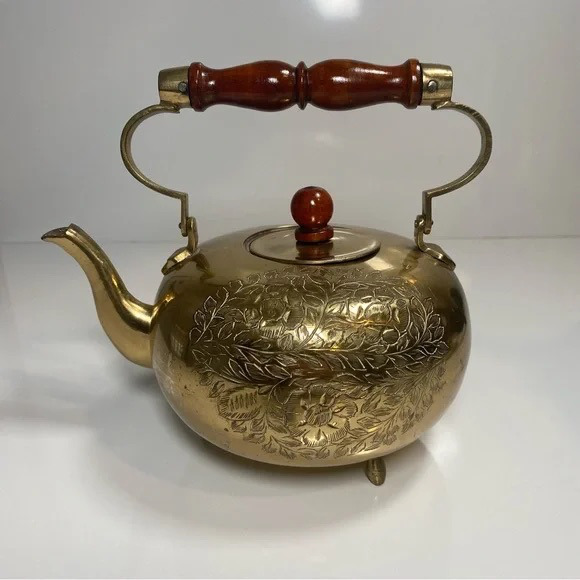 Brass Etched Teapot, India Vintage