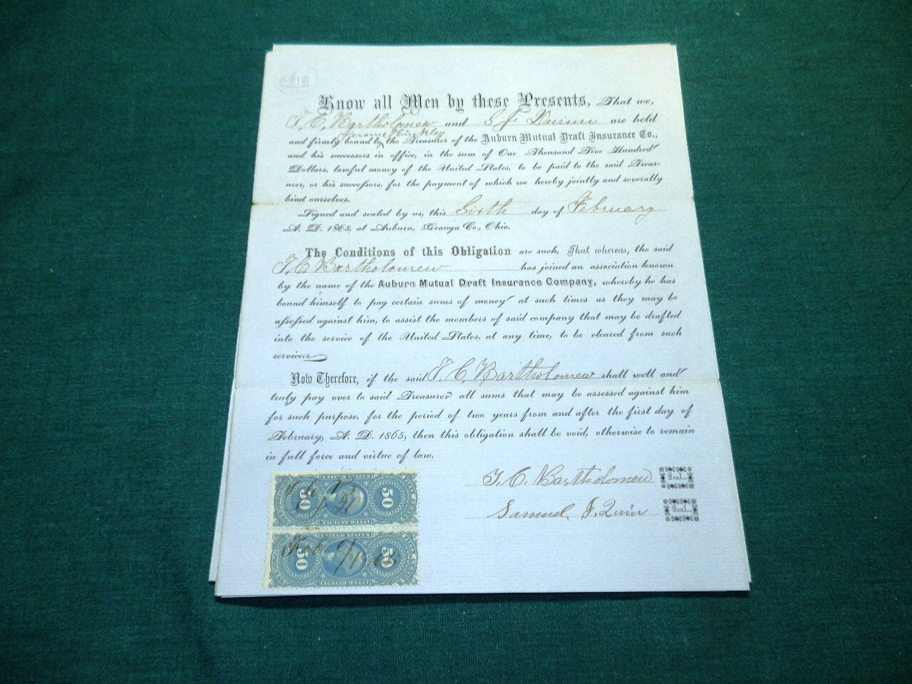 #974,Rare Seldom Seen Civil War Draft Insurance Bond 1865,OHIO w Great Revenues