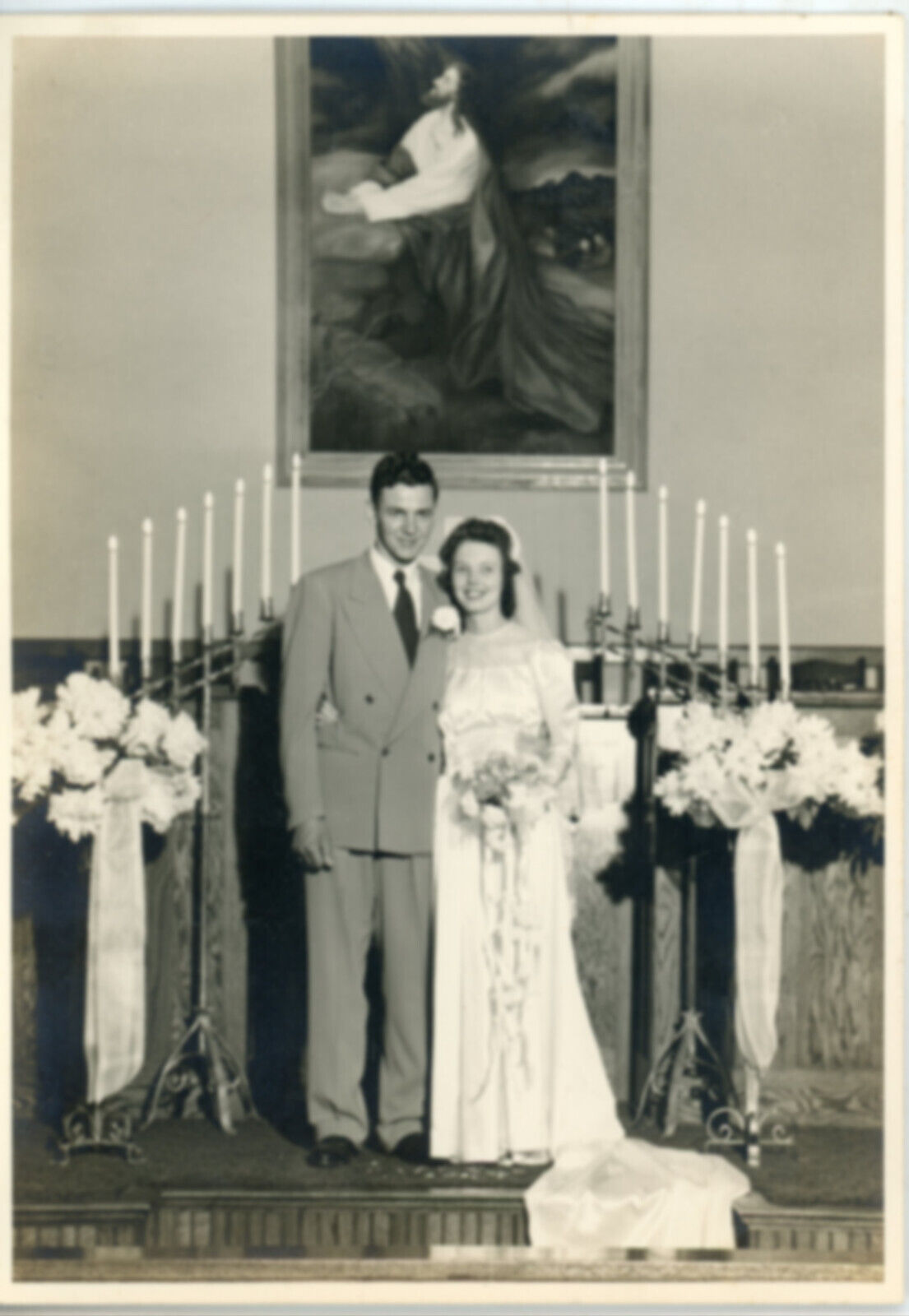 Wedding Couple on Church Altar Picture of Jesus Vintage Photograph  Circa 1950s