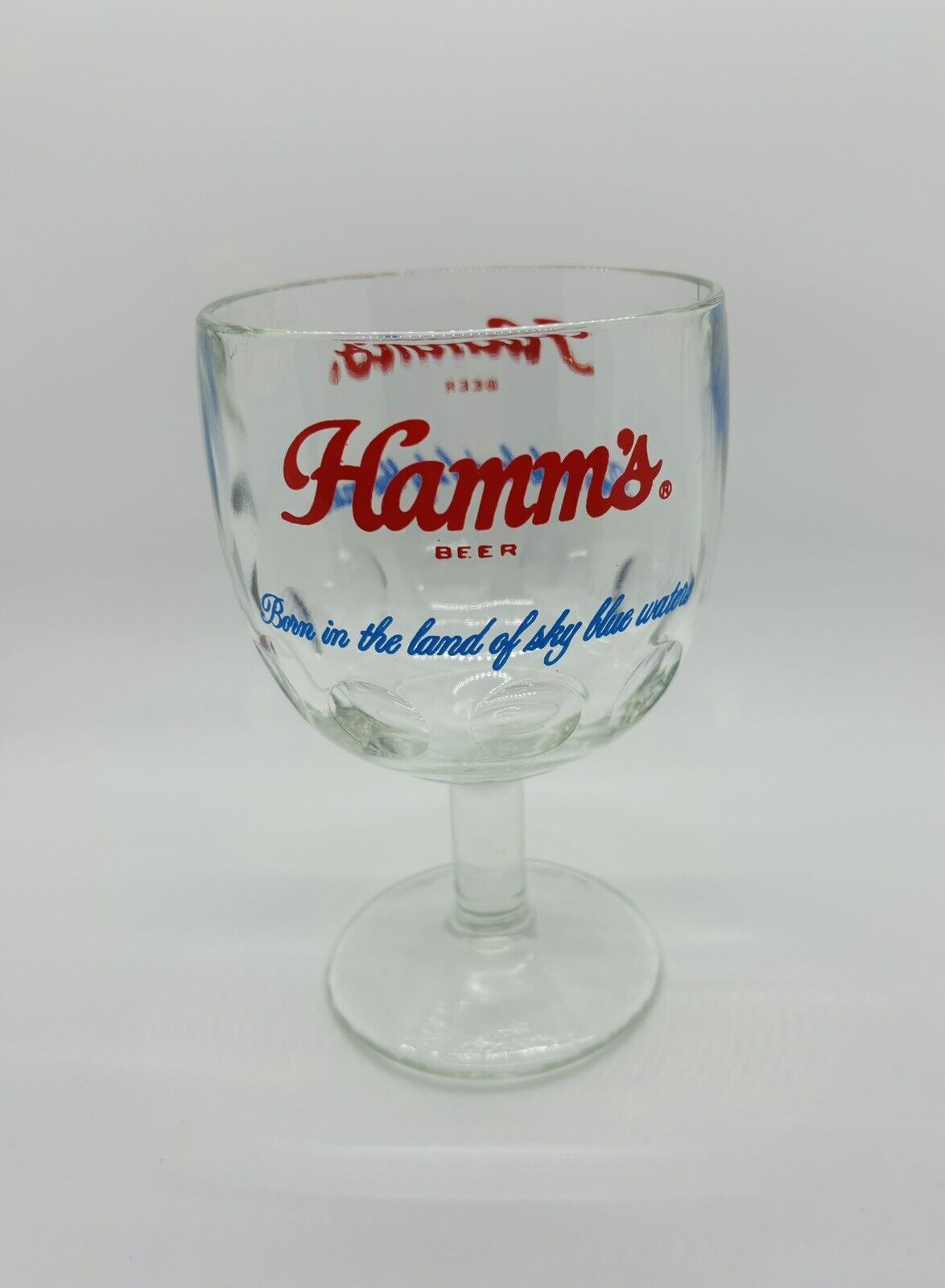 Vtg. Hamm\'s Beer Goblet, Clear Glass, 6 in. Tall With Sky Blue Water Slogan