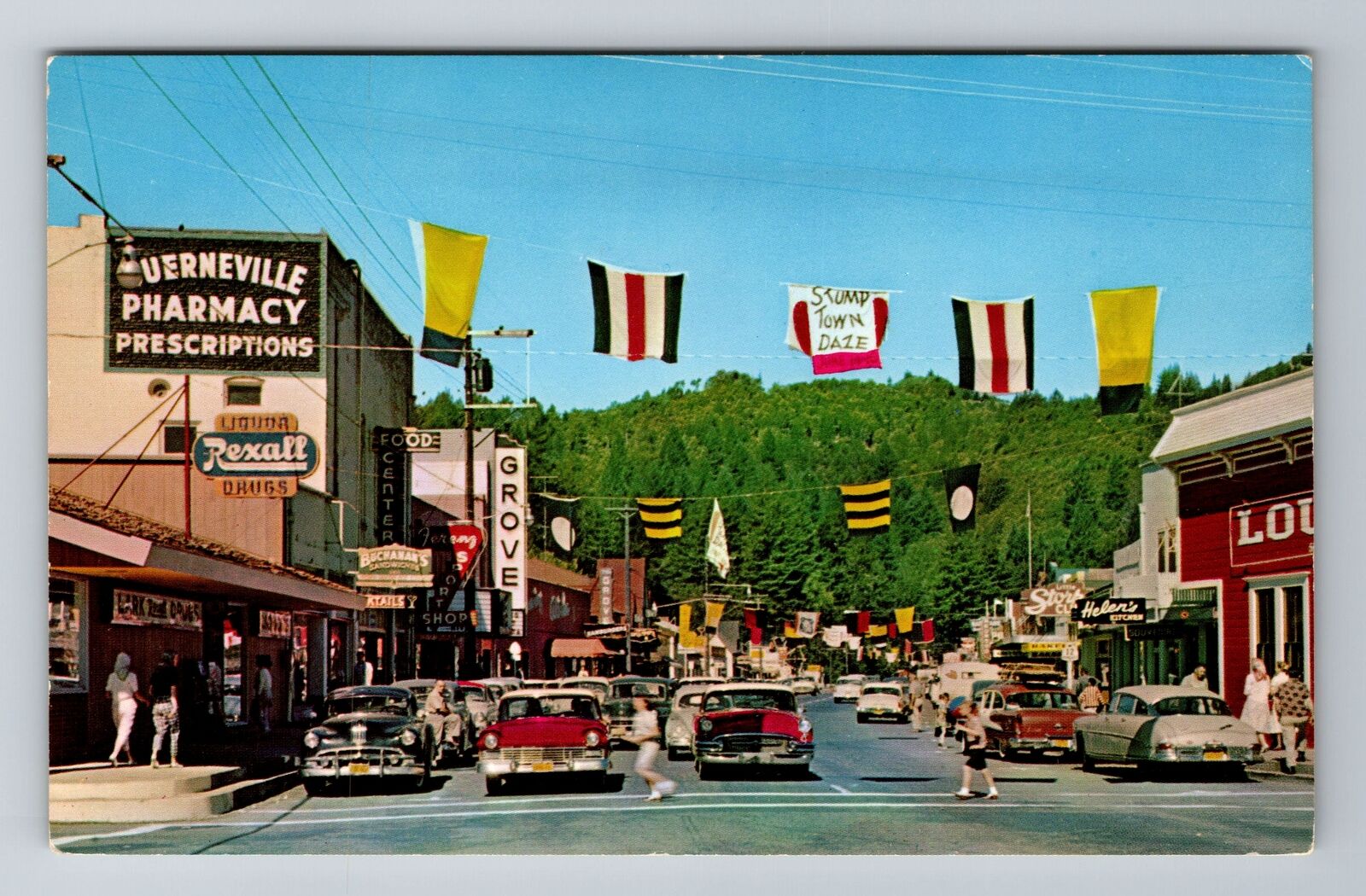 Guerneville CA-California, Shopping District, 50\'s Cars, Vintage Postcard