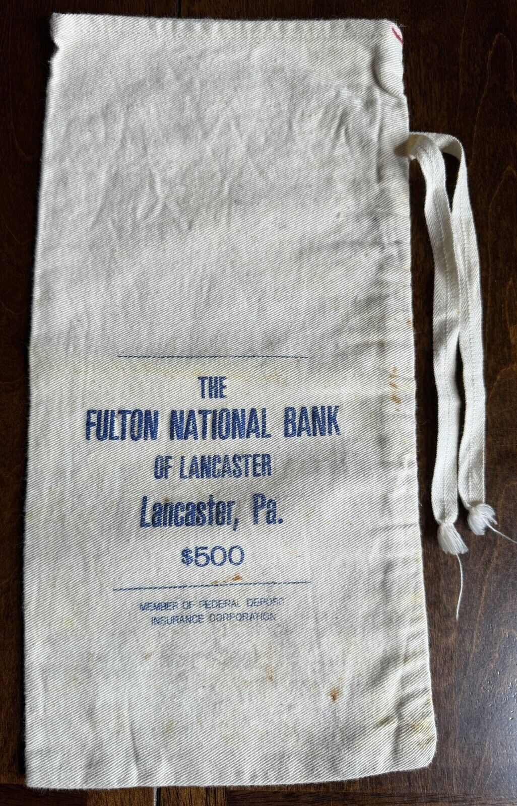 Vintage Canvas Bank Bag The Fulton National Bank Of Lancaster $500 PA 13”x7”