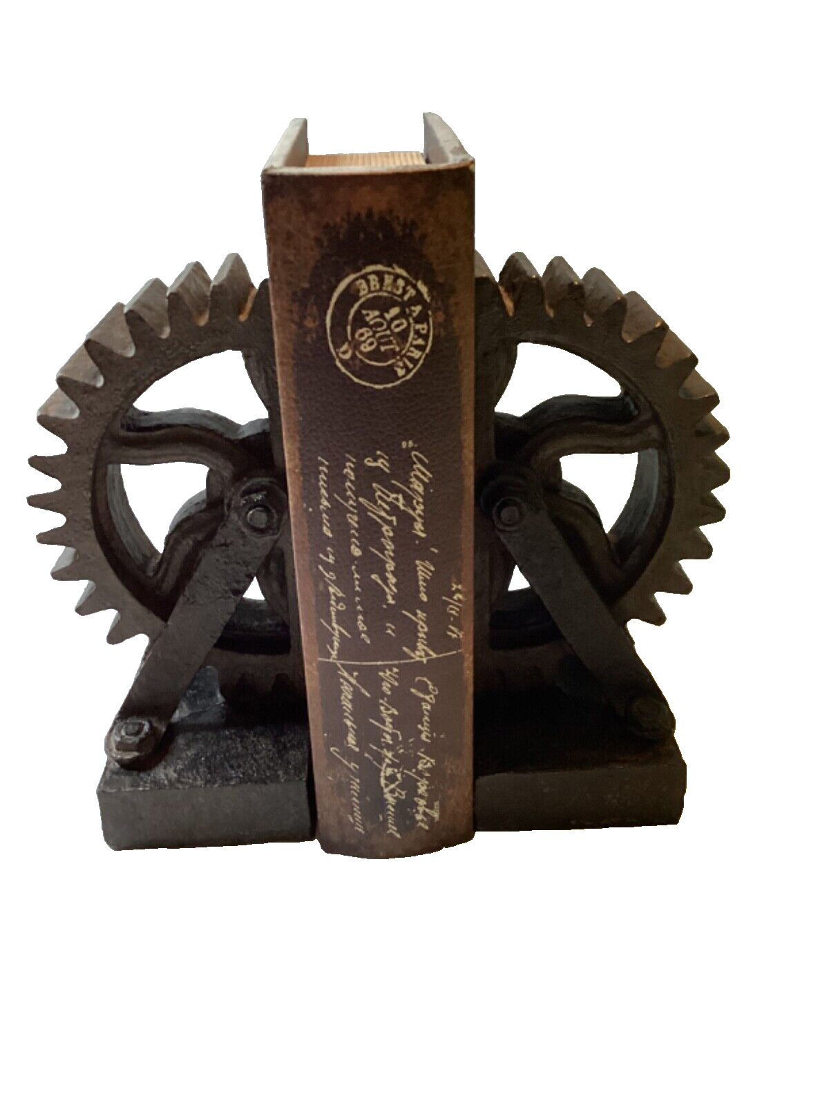 Rustic Industrial Wheel Gear Bookends Solid Resin Bronze Brown Tone. 1 Pair