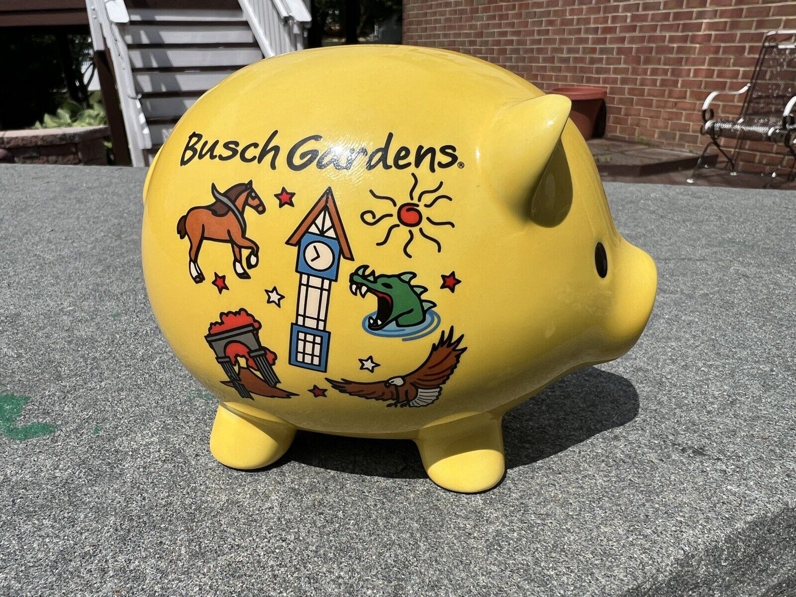 Vintage Busch Gardens Piggy Coin Bank Pig Amusement Park Yellow Ceramic