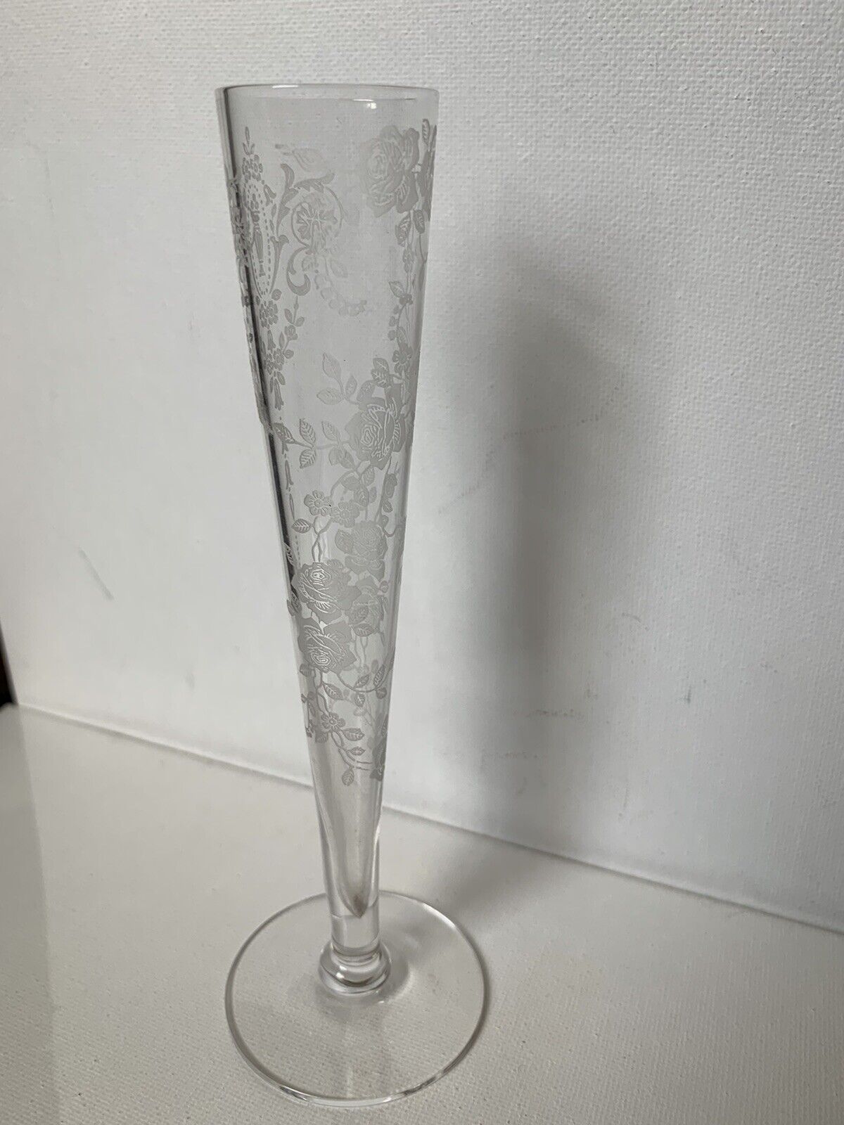 Vintage 5 1/2” Elegant Rose Etched Clear Glass Footed Bud Vase