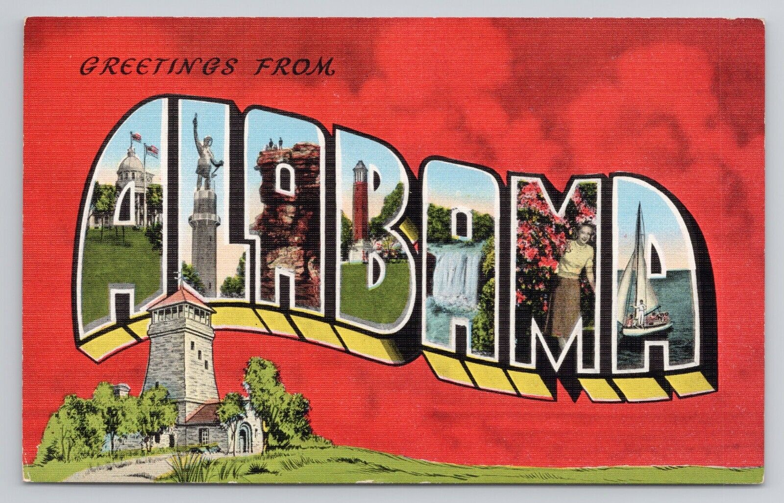 Greetings from Alabama Multi View Large Letter Vintage Linen Postcard