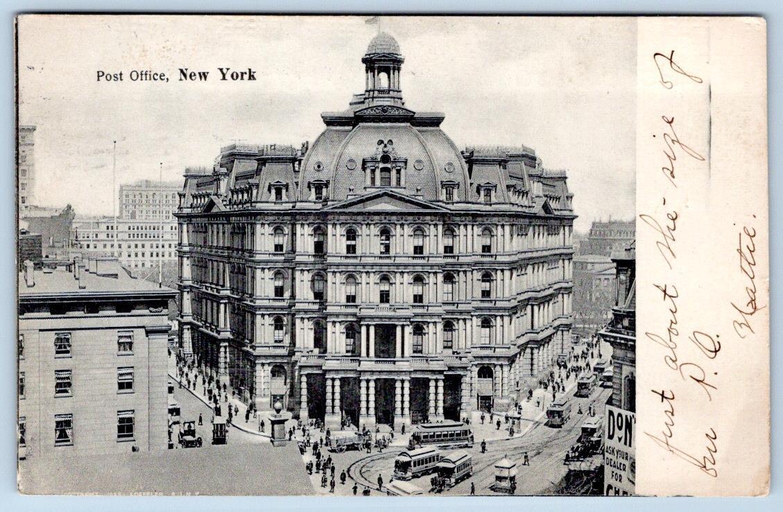 1906 NEW YORK CITY POST OFFICE BUILDING TROLLEY CARS ANTIQUE POSTCARD