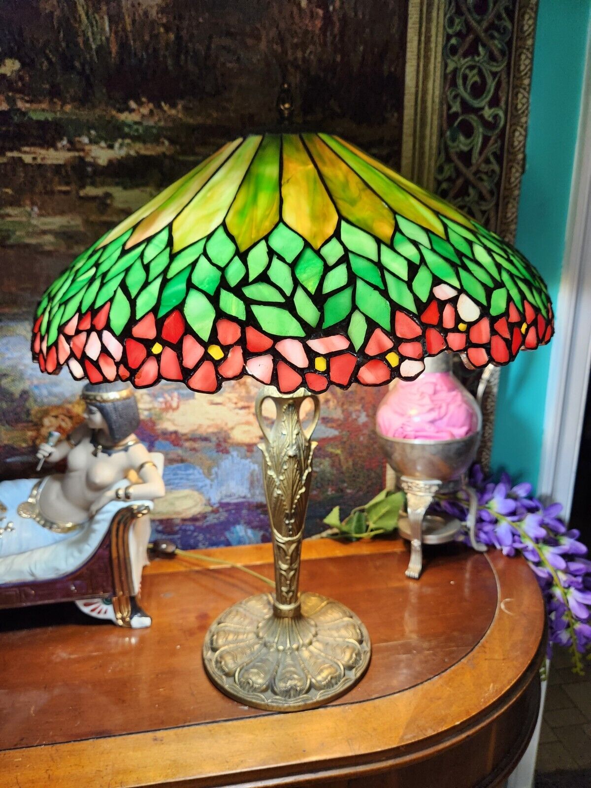 Unique Art Glass Leaded Table Lamp Art Nouveau Handel Tiffany Studios Era 