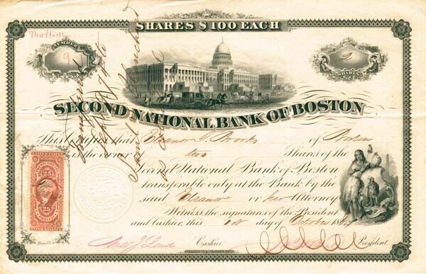 Second National Bank of Boston - Stock Certificate - Banking Stocks