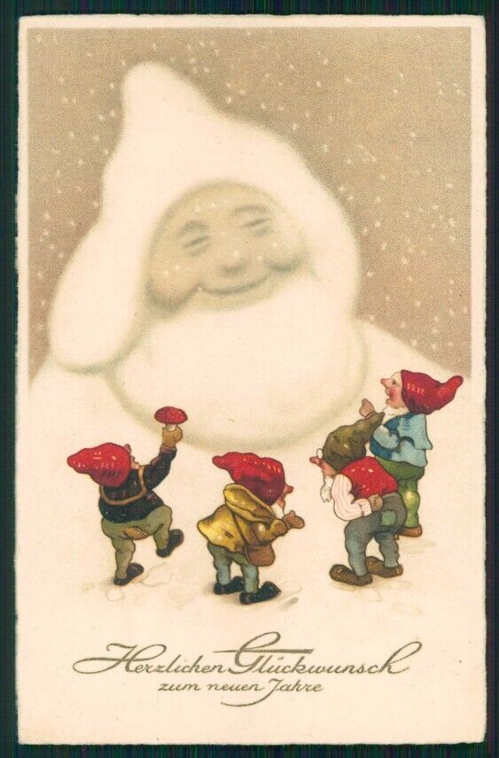 Gnomo Gnome Zwerge Dwarf Snowman postcard TC5057