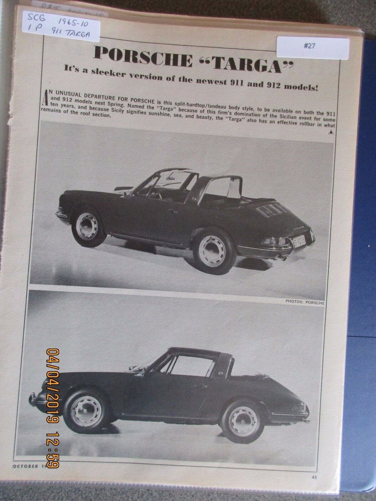 #027 Porsche Article or Road Test 1965 Porsche 911/912 Targa, 1 page Pictorial