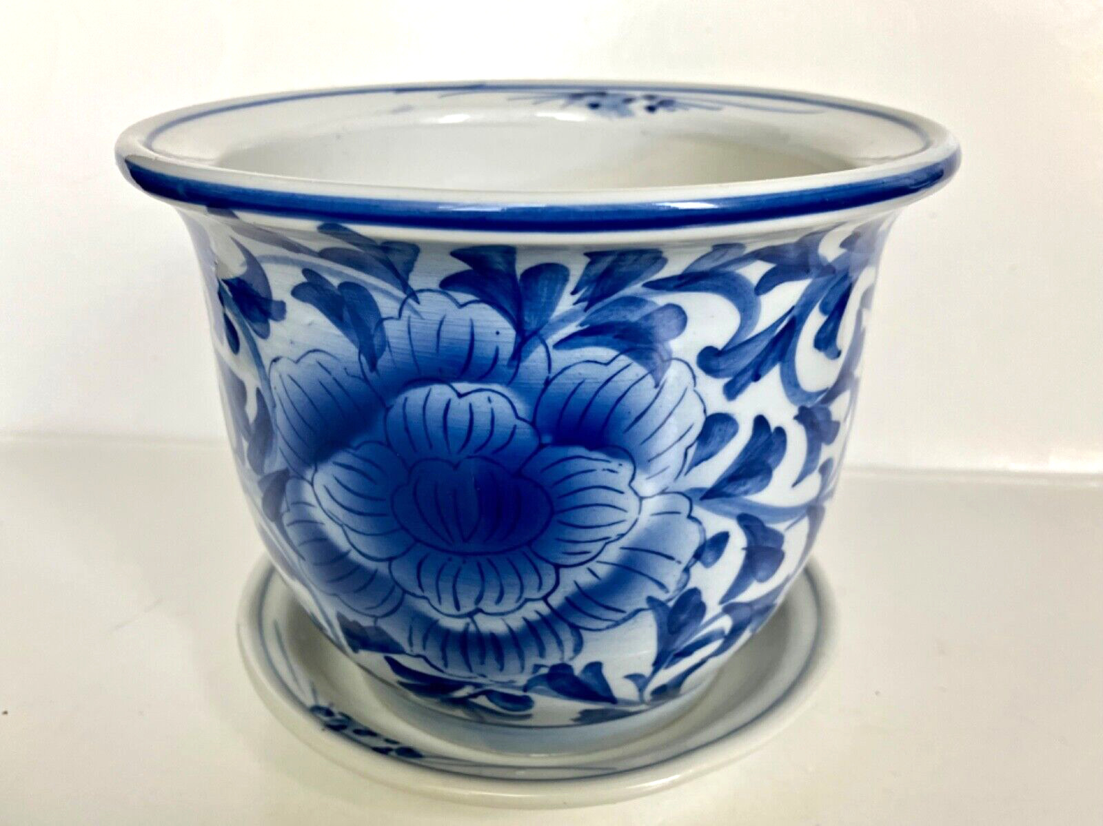 Vintage Chinese Blue & White Jardiniere Planter with Lotus Florals and Saucer