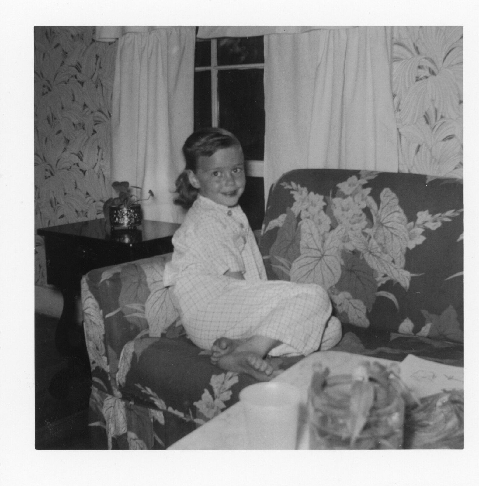 Cute American Girl in PJ\'s Smiling 1960s Sofa Vintage Photo