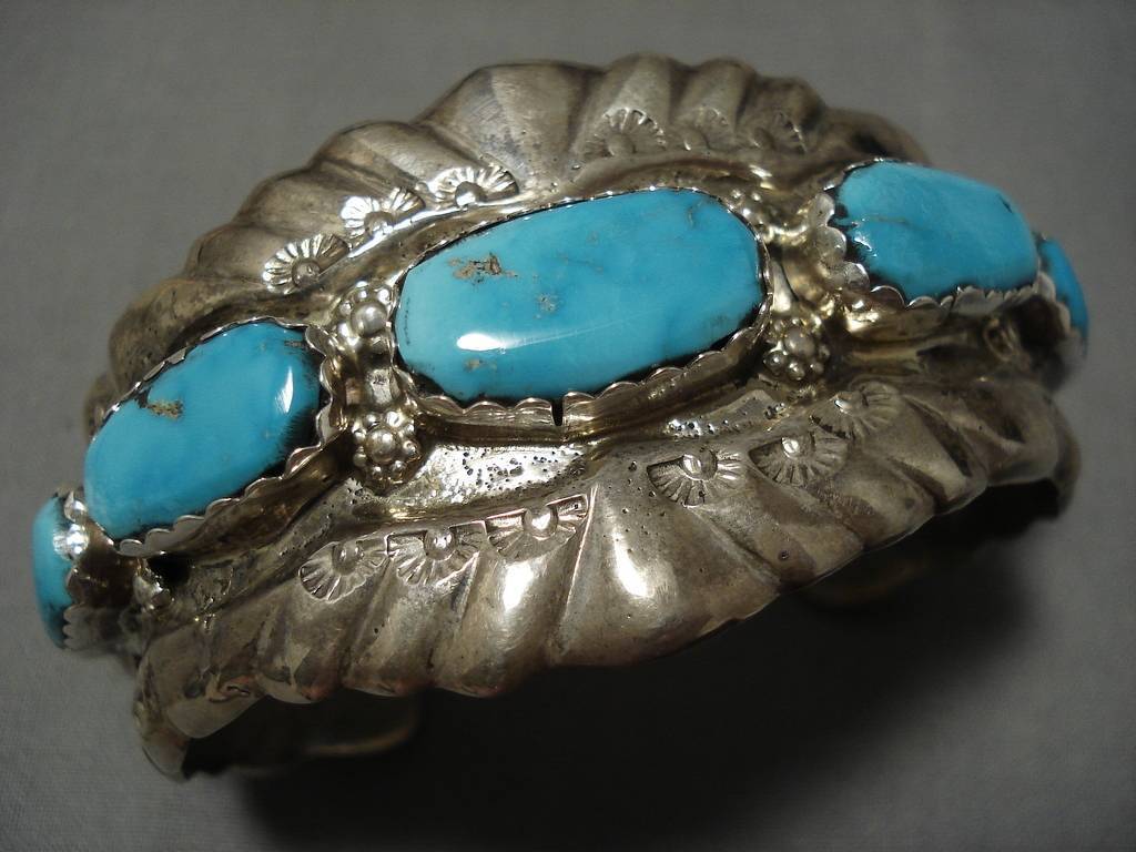 IMPORTANT GEORGE LUPITA LEEKITY TURQUOISE STERLING SILVER HEAVY BRACELET OLD