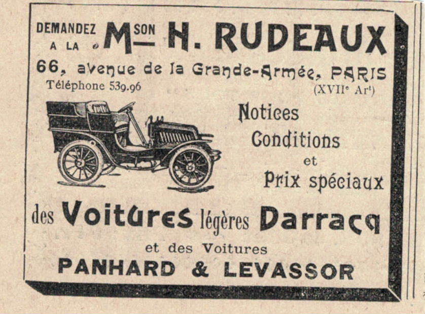 1902 H.RUDEAUX SPECIAL PRICES PRESS ADVERTISEMENT ON DARRACQ PANHARD & LEVASSOR