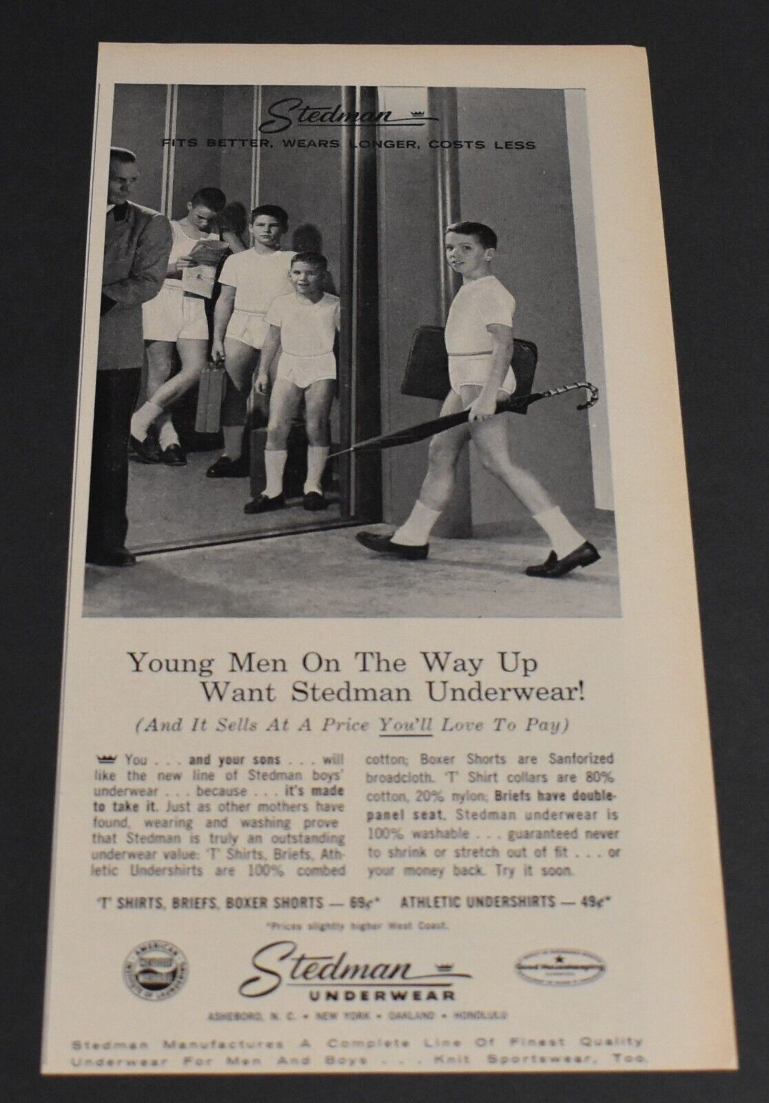 1964 Print Ad Stedman Underwear Boys Elevator Briefs Boxer Shorts Young Men art