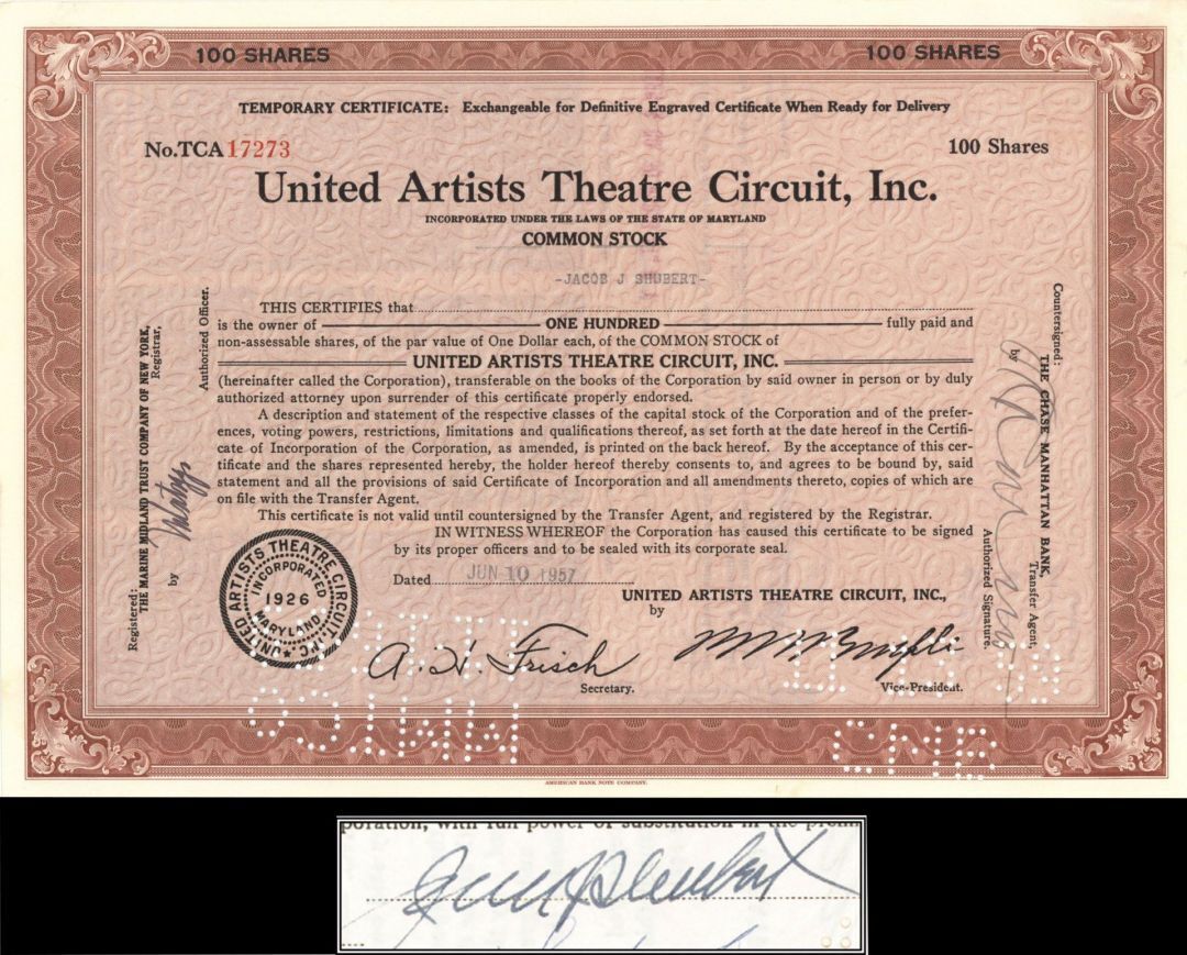 Jacob J. Schubert - United Artists - Stock Certificate - Autographed Stocks & Bo