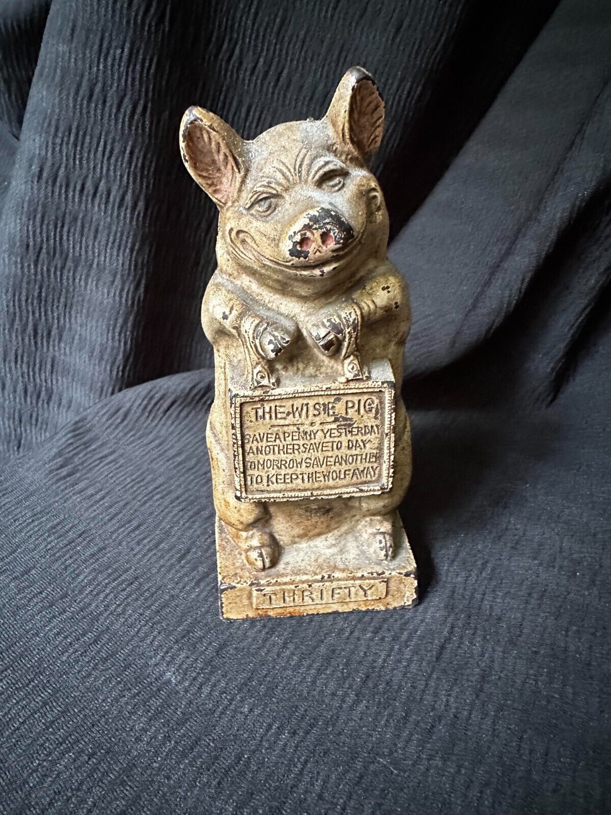 1930’s Hubley JMR Thrifty Wise Pig Cast Iron Bank