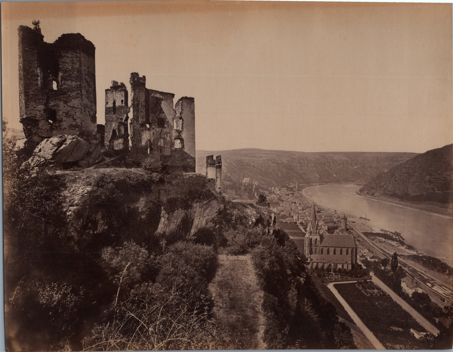 Germany, ruin Rheinfels and st. Goarshausen Vintage Albumen Print, Tirag